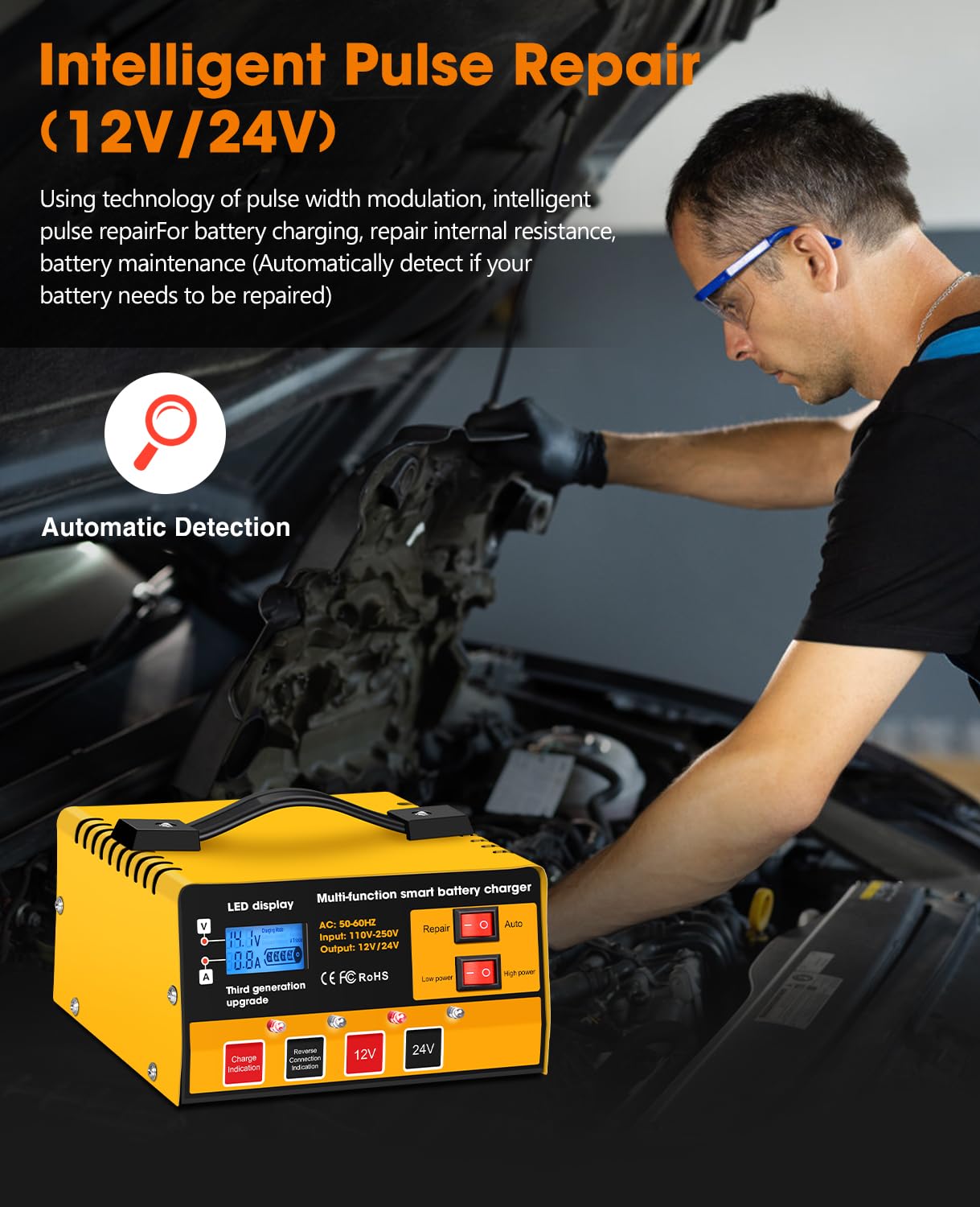 Caricabatteria per auto, 12 V-12 A/24 V-8,5 AMH, caricabatterie automatico intelligente, carica batterie ad alta/bassa potenza, mantenitore e desolfatore, per moto, tosaerba e batterie al piombo