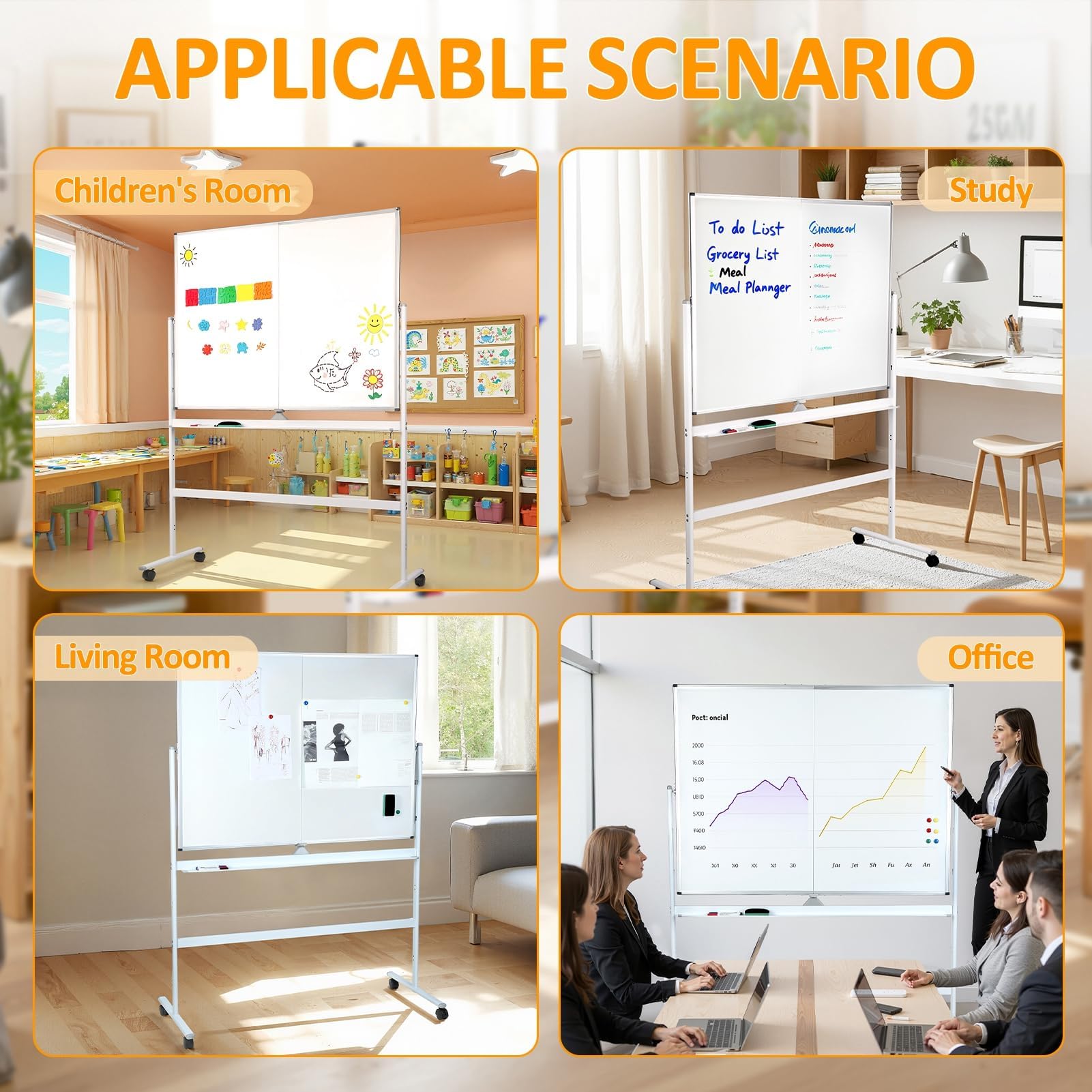 Pizarra blanca magnética móvil – Pizarra blanca rodante de doble cara 126 x 90 cm – Pizarra grande reversible de borrado en seco, caballete de pie con ruedas con soporte