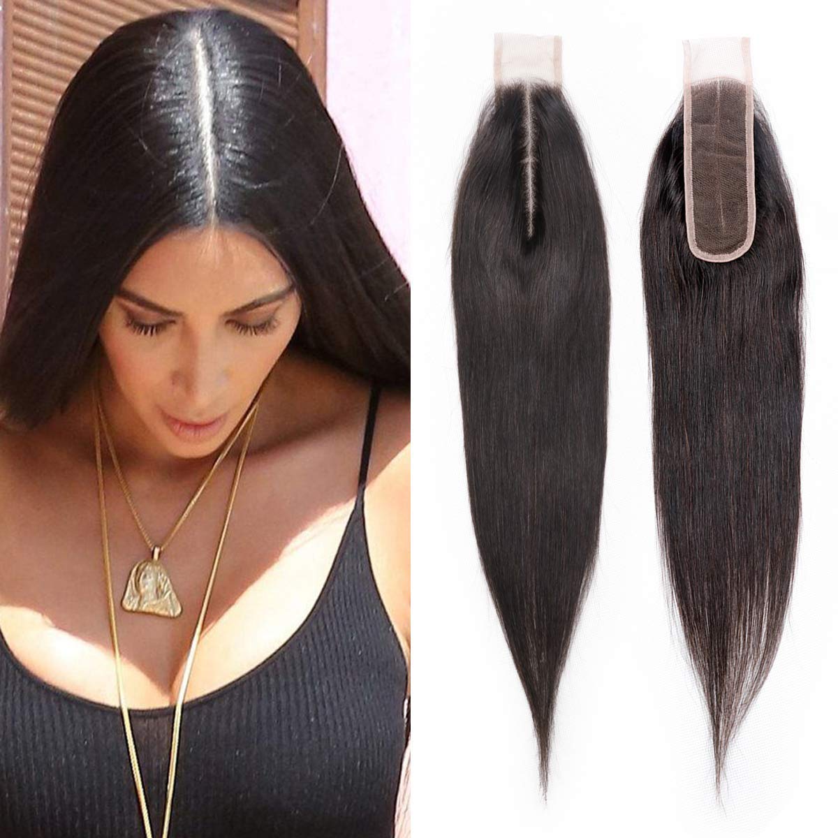 SingleBestHair Lace Closure Human Hair Silky Straight 2x6 Middle Part Closure with Baby Hair 100% Unprocessed Brazilian Virign Remy Hair Natural Color (16 inches)