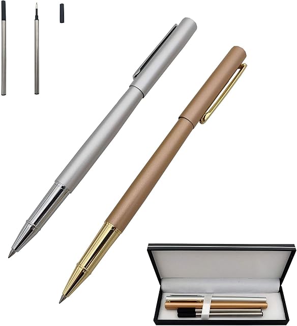 Accod 2 Pack Classic Fine Nib Business Metal Ballpoint Pen Signature Pen Rollerball Gel Pen High-end Gift Box with Two Replaceable Refills for Office Family and Business Partners (Gold&Silver)