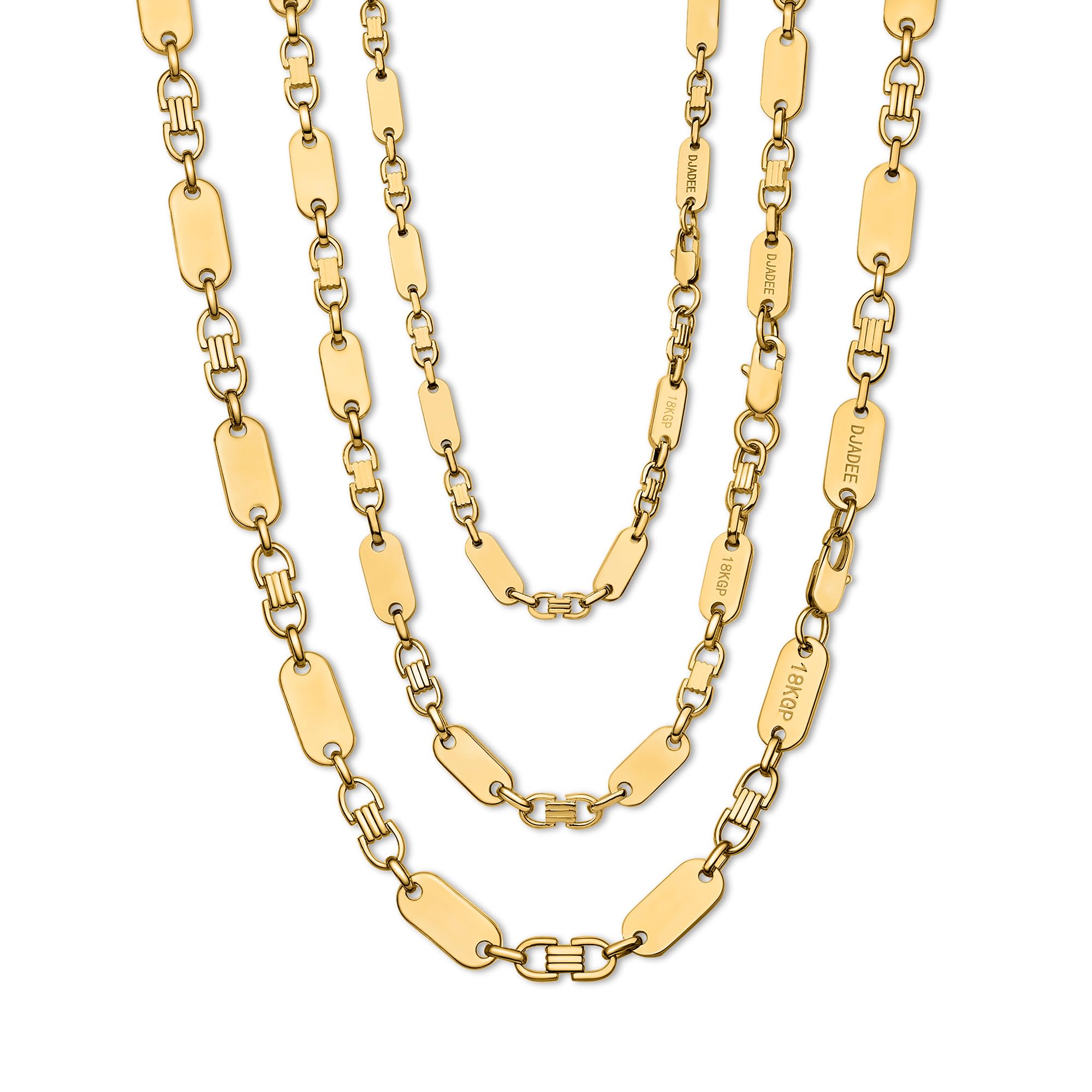 DJADEE Herren Kette Gold 750 vergoldet Premium Edelstahl 316L Plattenkette 6/8/10/12 mm Wasserfest Hypoallergen Hochglanzpoliert Geschenk für Männer Halskette Steigbügelkette 18 Karat gestempelt