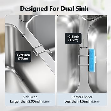 2 Pack Sponge Holder for Kitchen Sink - Movable Hanging Sponge Caddy Organizer, Stainless Steel Caddy in Over Double Bowl Sink for Brush, Stopper - Silver