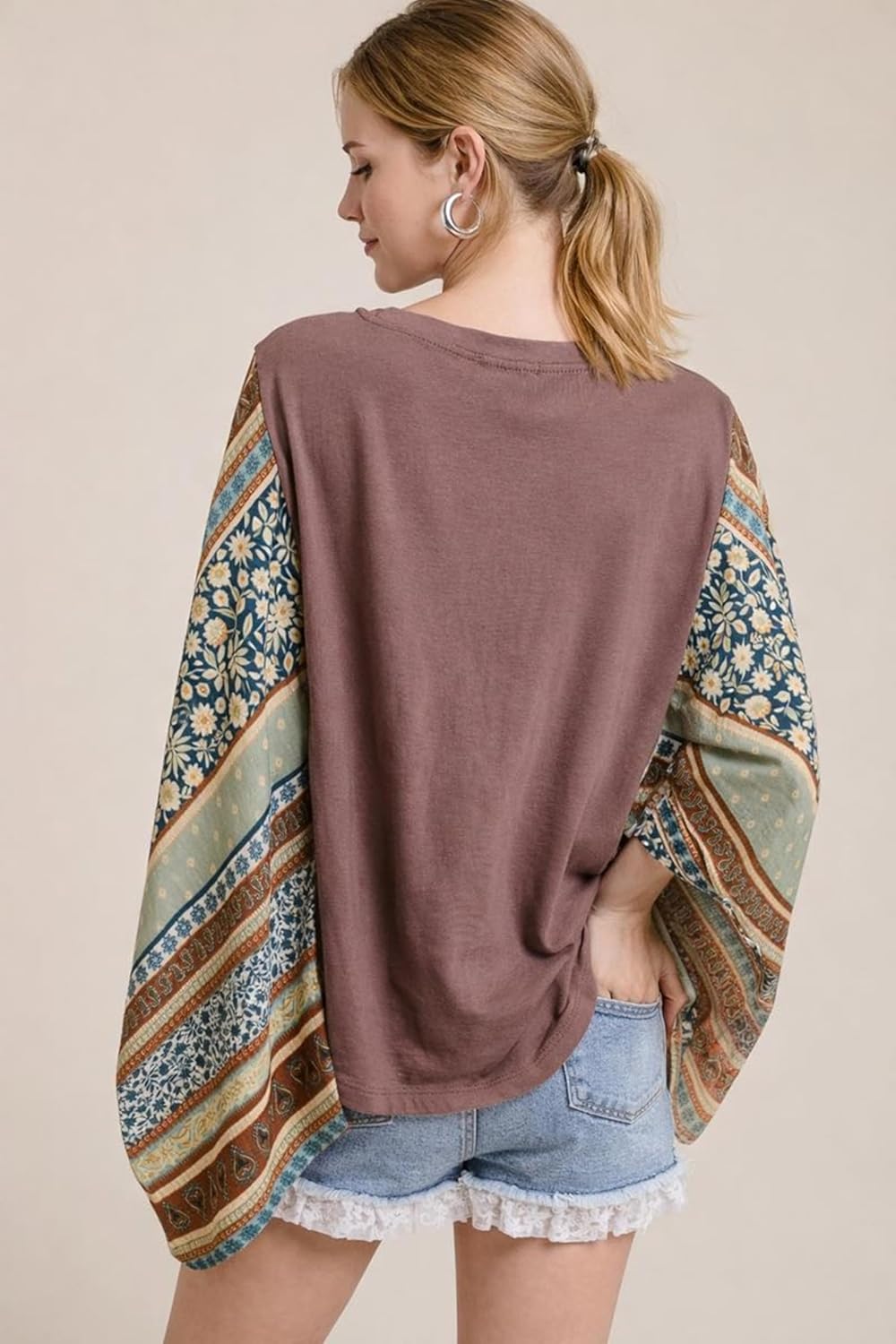Women’s Western Graphic Top – Flowy Poncho Fit, Oversized Boho Tee with Contrast Sleeves