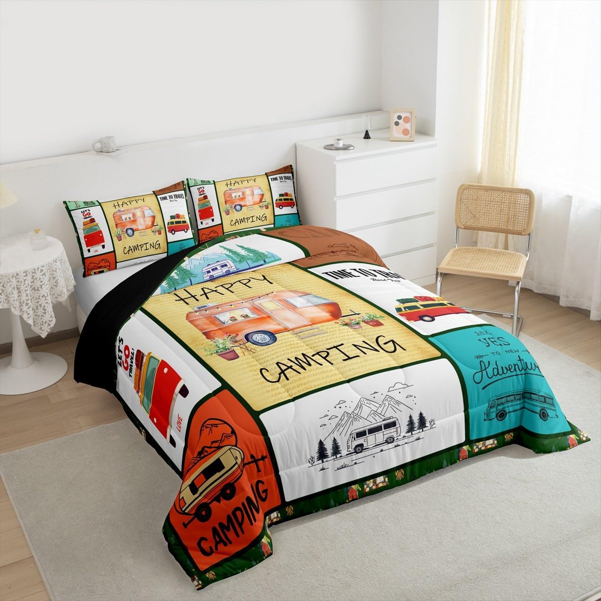 Erosebridal Happy Camping Comforter Set - Full Camper Bedding Set for Kids, Boys, Girls & Adults - 3 Pcs, Colorful RV Bunks Decor