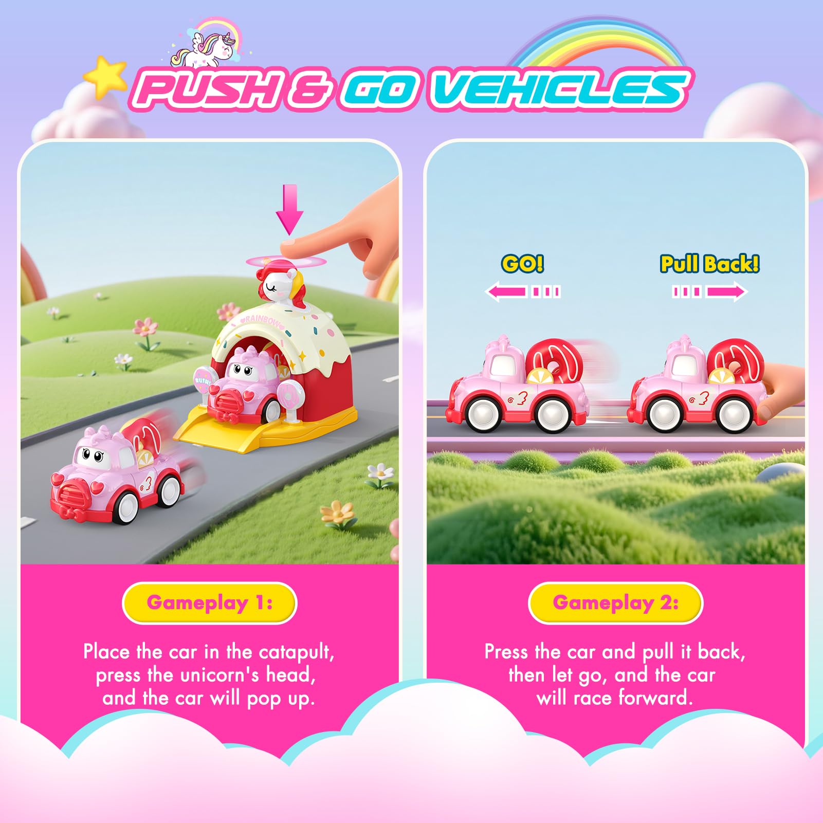 Geebiiny Macchinine per Bambini con Tappetino da Gioco e Portaoggetti 2 in 1 - Giochi Bambini 1 2 3 Anni, Unicorno Regalo Bambina 1 Anno, Gioco Montessori 1 2 Anni - Regali di Compleanno e Natale
