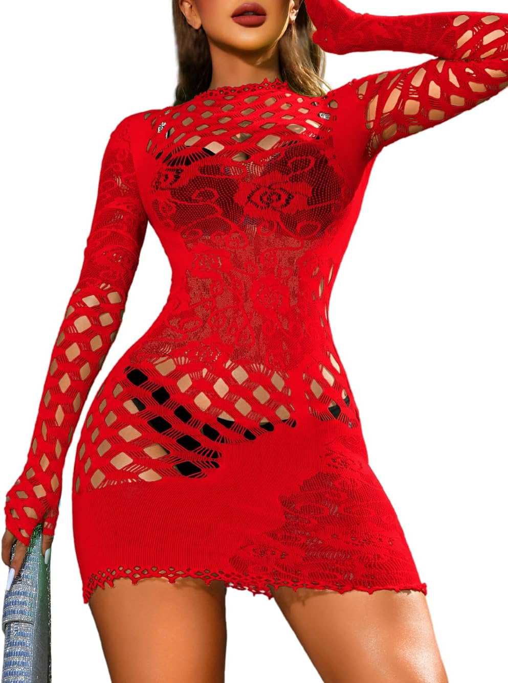 EHSUYAB Club Outfits, Hollow Out, Long Sleeve One Piece Bodycon Fishnet Dress