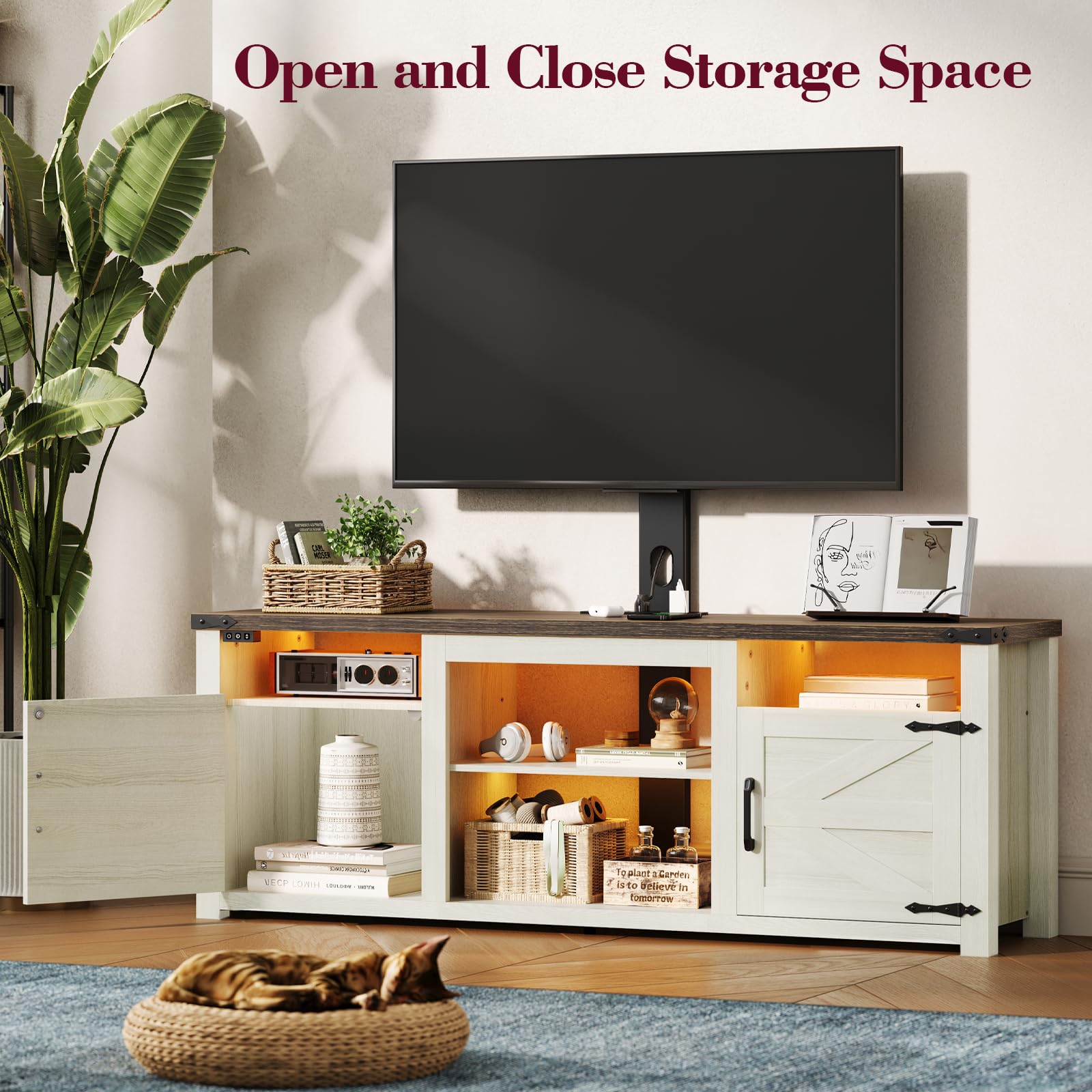 TV Stand with Mount, Farmhouse TV Stand for 32-75 inch TVs with Charging Station LED Lights, Entertainment Center with Storage for Bedroom, Living Room