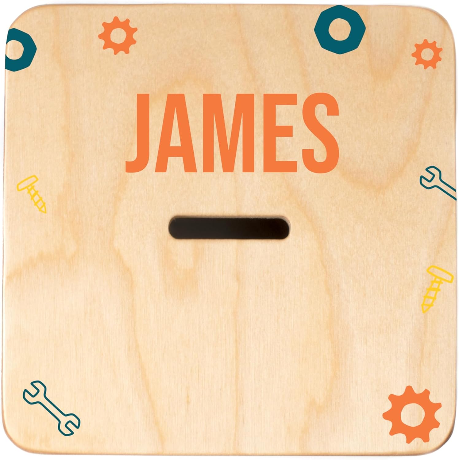 Wooden Piggy Bank for Kids and Adults, Personalized Gift Handmade in USA by BloomOwl, Custom Coin Bank for Boys and Girls (Robot Orange Pattern)