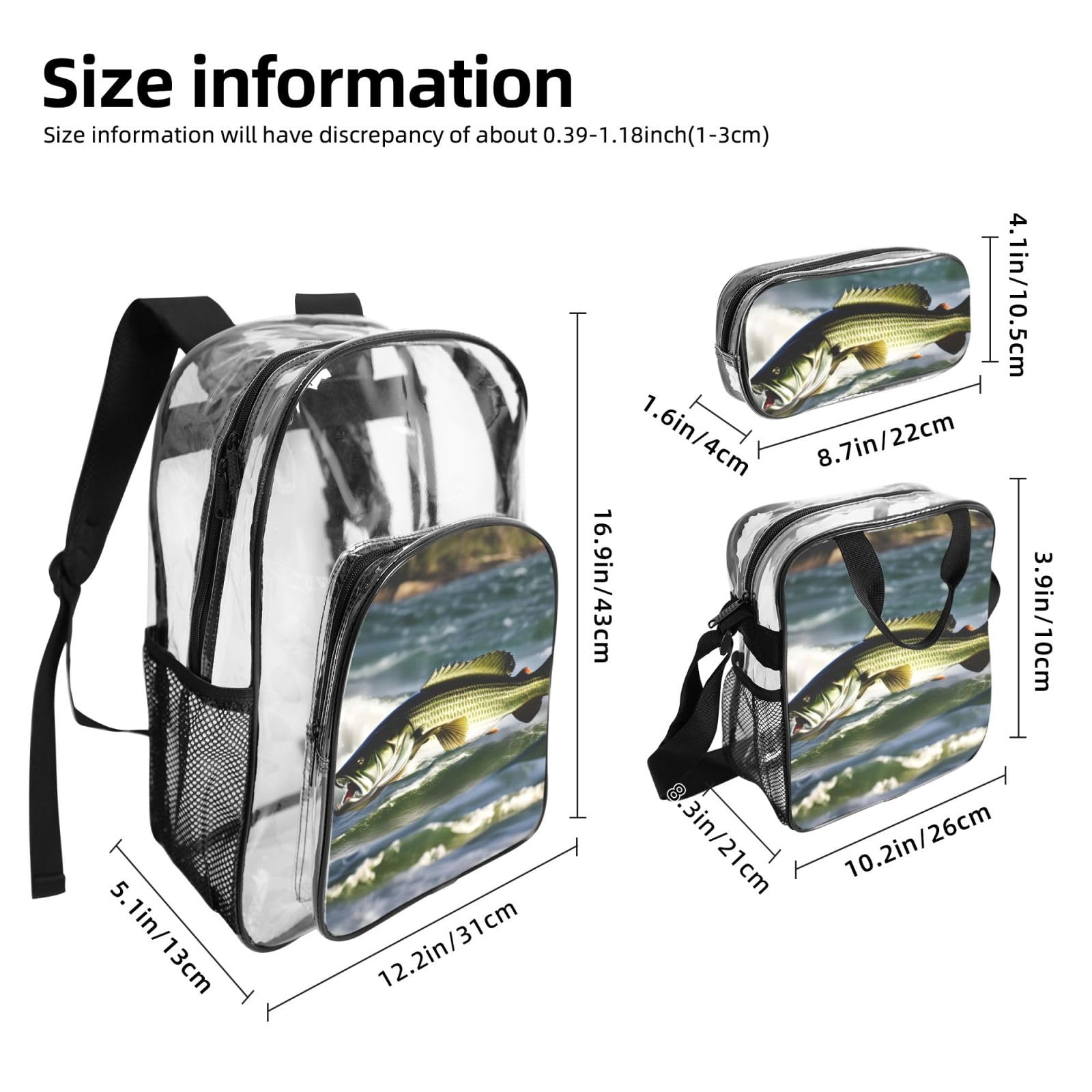 Transparenter Rucksack mit Barsch-Angel-Wellendruck, Unisex, 3-teilig, transparent, Lunch-Tasche, Stifteetui, Reisen, Outdoor