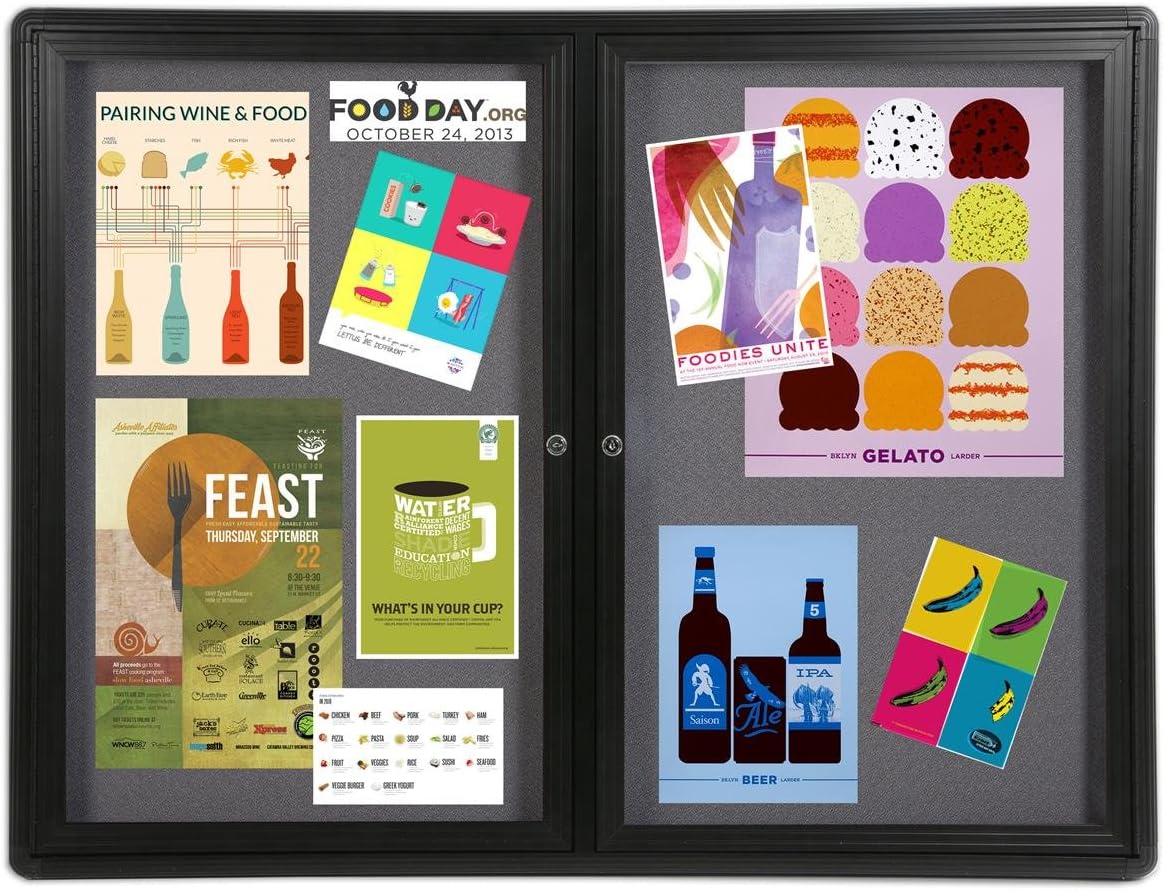 4' x 3' Enclosed Bulletin Board with 2 Swing-Open Locking Doors, 48" x 36" Gray Fabric Notice Board for Indoor Use, Aluminum (Black Frame)