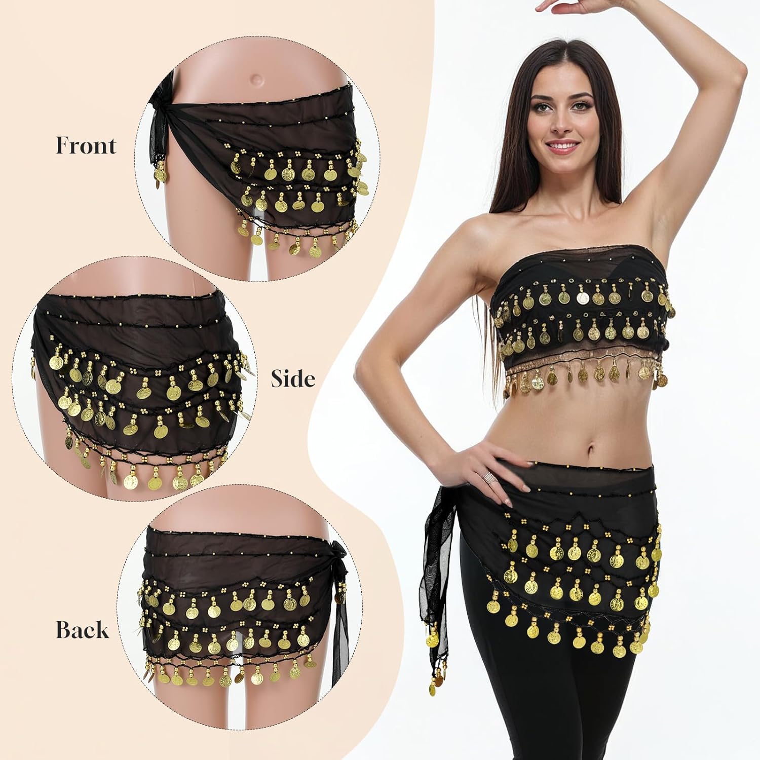 1 Pcs Greek Coin Skirt Hip Scarf Belly Dancing Skirt Outfits for Women Wrap Scarfs Performance Dancer Belt Scarfs Skirts Costume with Sequins and Coins for Yoga Dancing (Black) - Image 5