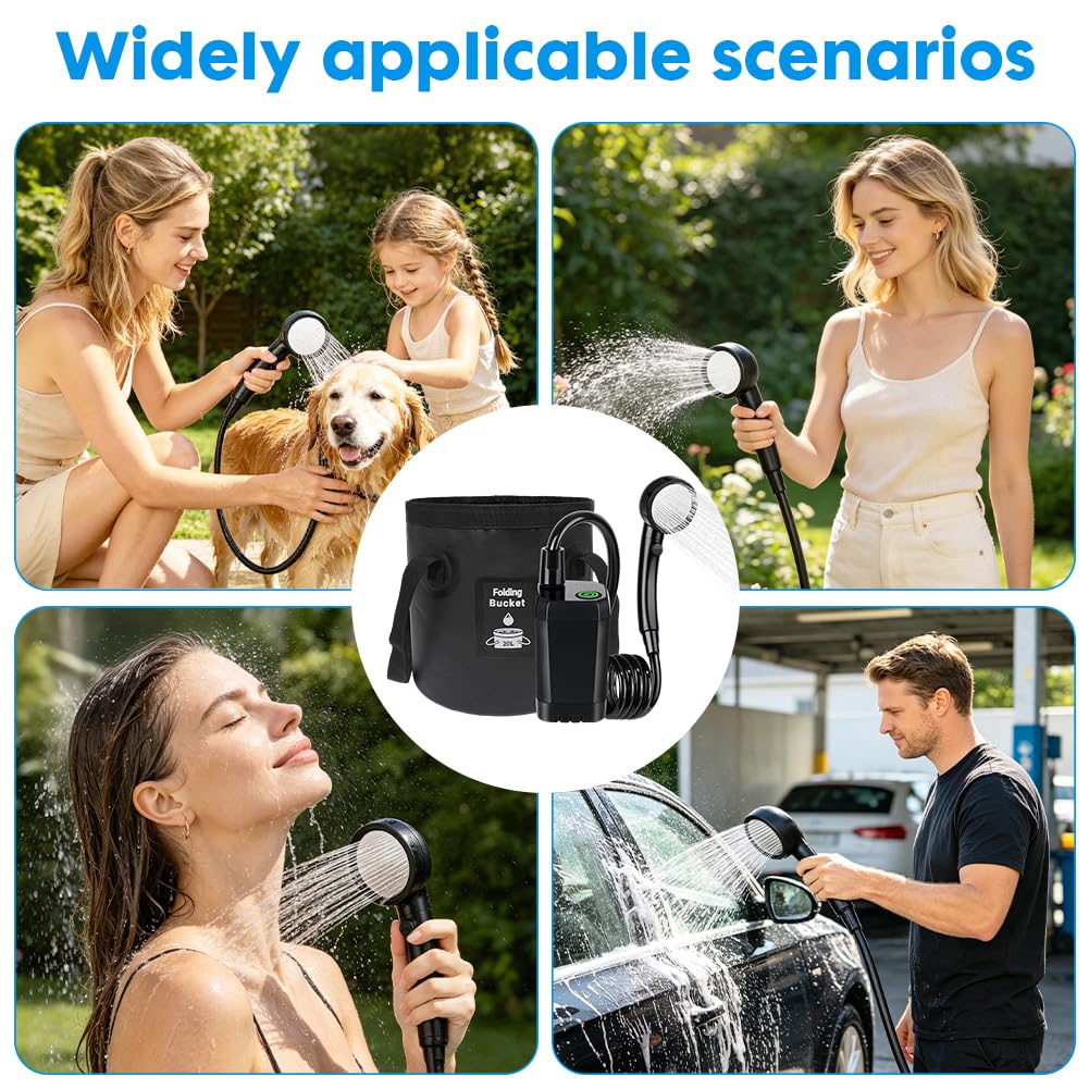 CEWROM 2026 Upgraded Portable Camping Shower Completo Set 6000 mAh Doccia da campeggio con pompa e indicatore di temperatura, Multi Modes Spray Head & 5 Gal Water Foldable Bucket for Outdoor Travel