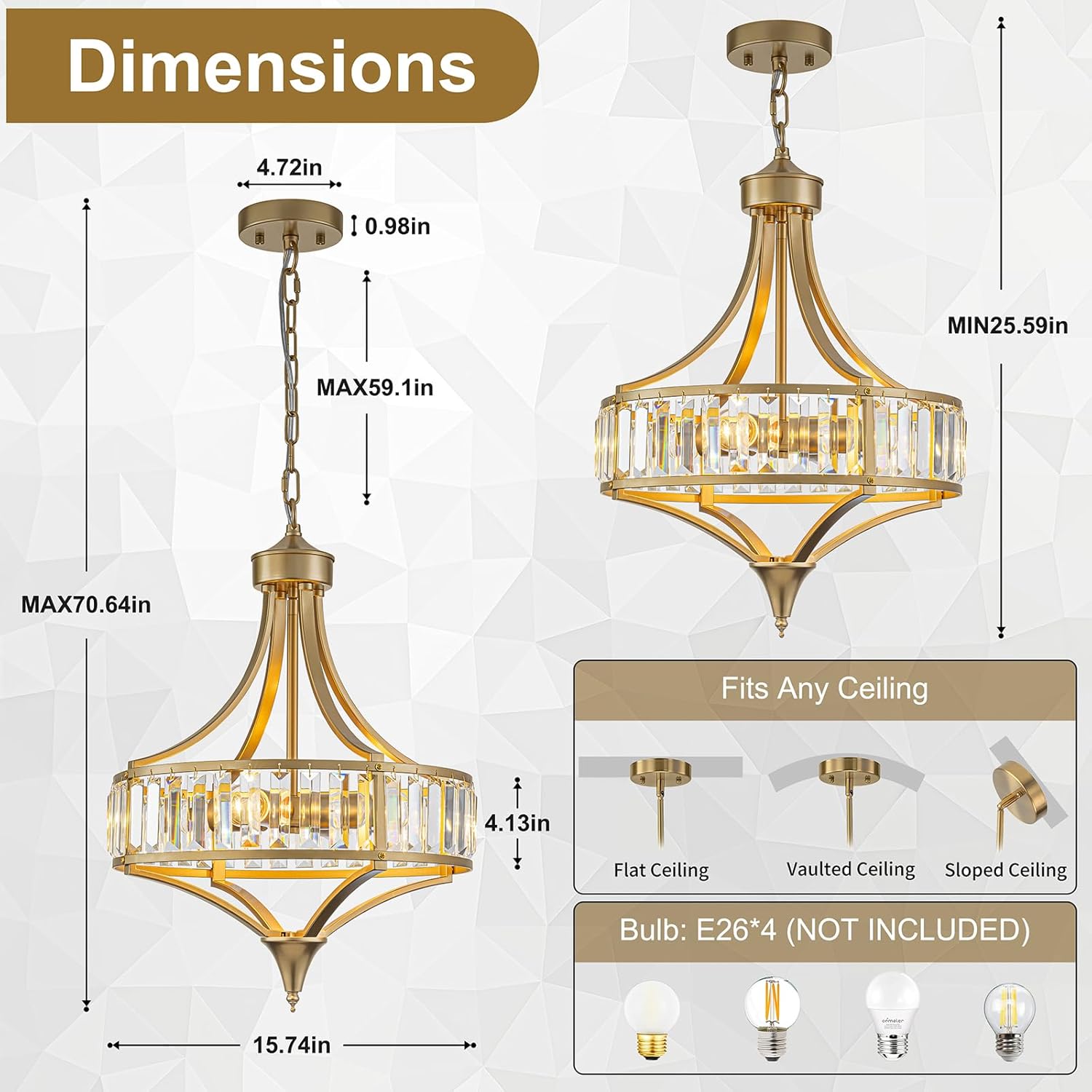Gold Vintage Chandeliers for Dining Room, 15.7" Modern Crystal Round Foyer Pendant Light Fixtures, 4-Light Bathroom Chandelier for Entryway Kitchen Island Bedroom Living Room