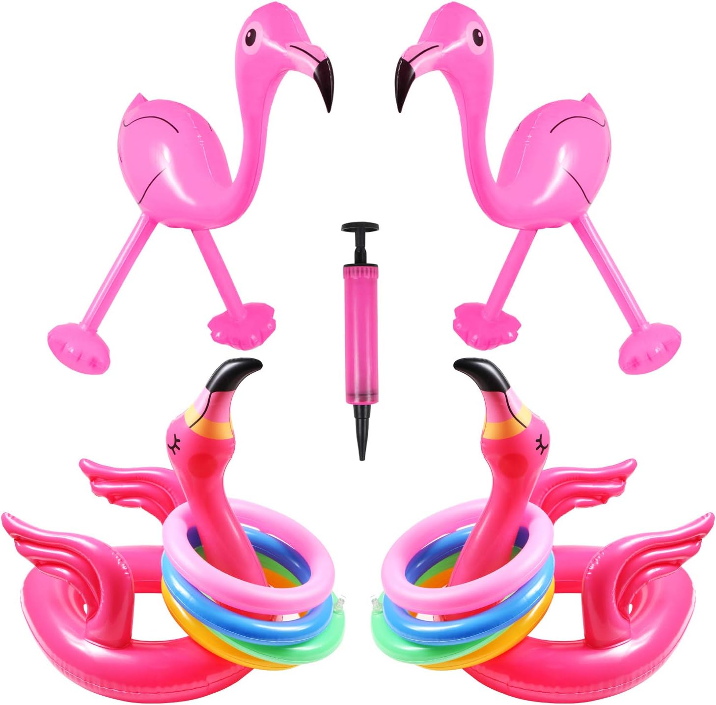 4 Pack Inflatable Pink Flamingo Ring Toss Head Game Target Toss and 8 Pieces Inflatable Rings,Luau Party Accessories for Hawaiian Pool Beach Party Decoration Supplies