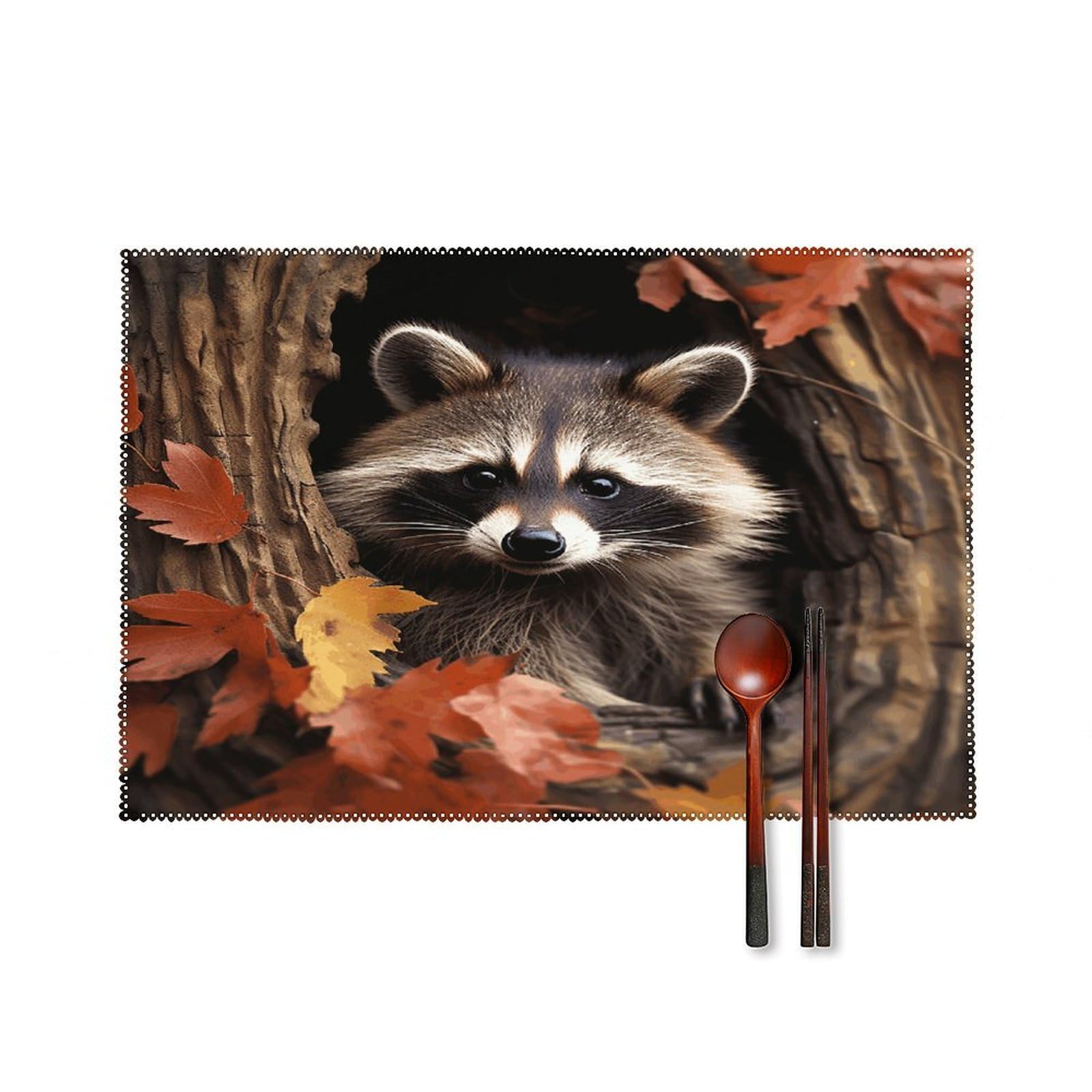 Raccoon in The Fall Tree Hole Placemats Set of 6 Non-Slip Heat Resistant Table Mats Canvas Washable Cloth Place Mats Easy to Clean Premium Placemat for Kitchen Dining Table Decoration