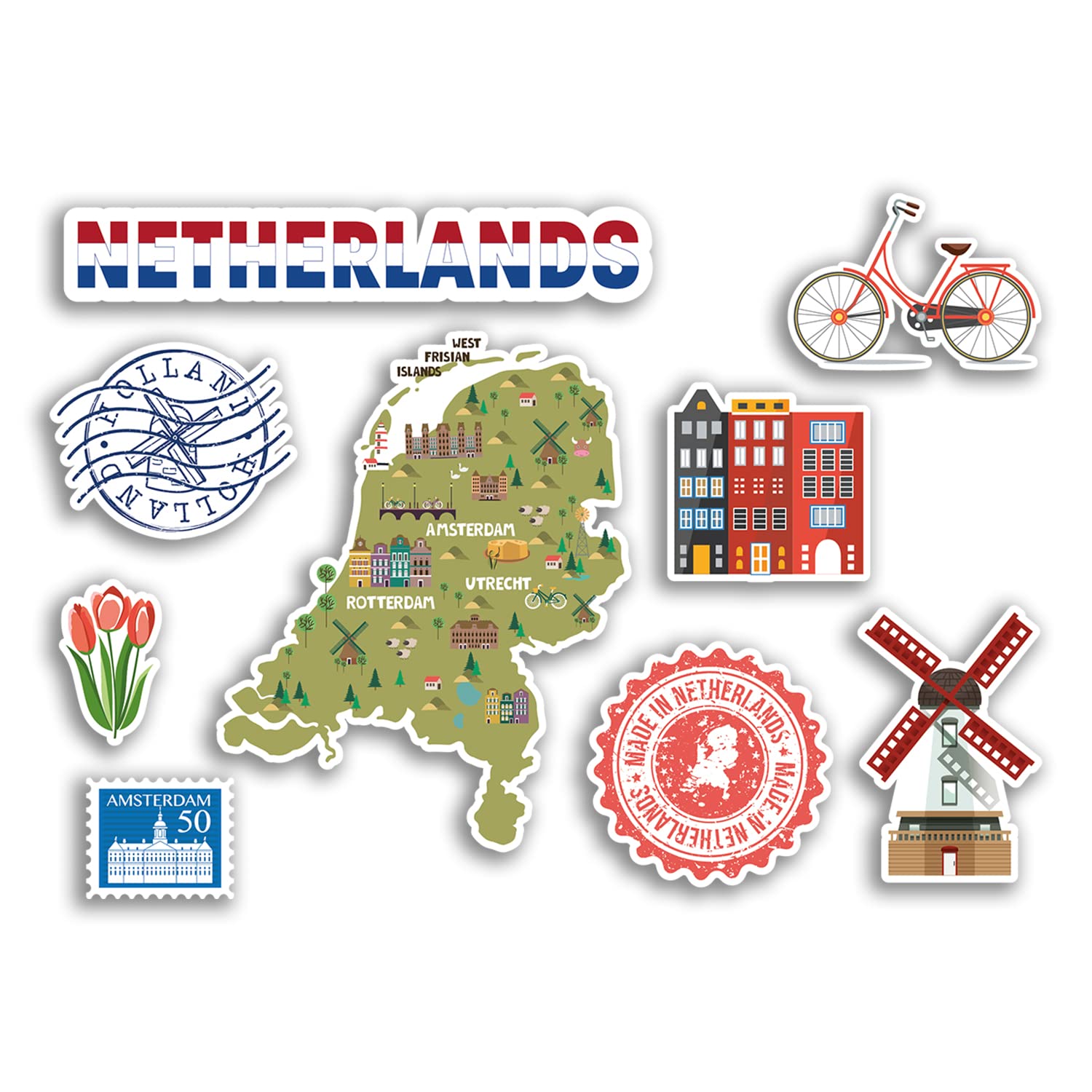 Dv Design Multi A5 Sticker Sheet - Netherlands Vinyl Stickers - Dutch Holland Landmark Holiday City Country Airport Map Flag Food Sticker #77532