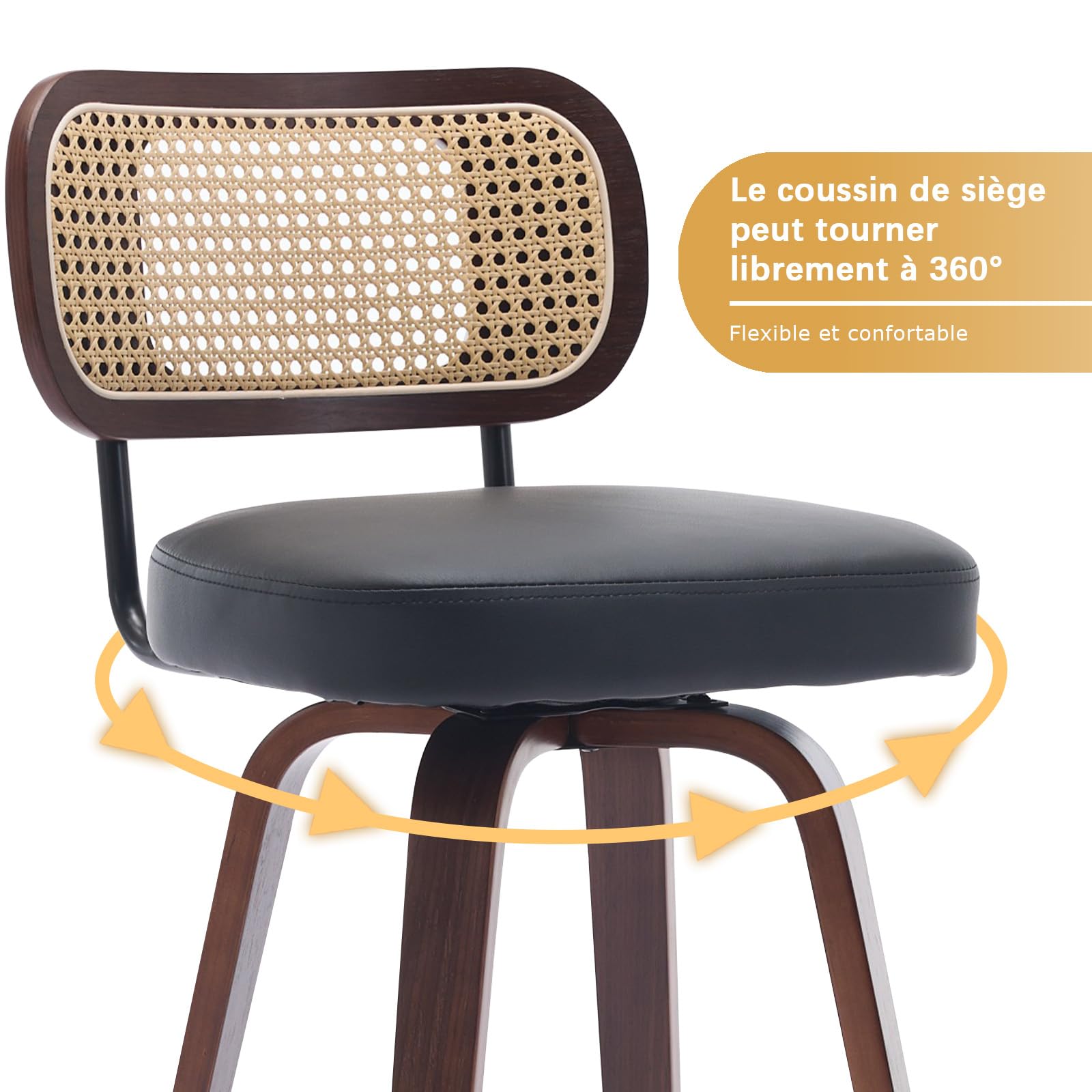 SoarFlash Lot de 3 tabourets de Bar pivotants, Hauteur d’Assise 65 cm, Dossier en rotin, Assise PU, Pieds Noyer, Repose-Pieds métallique. Tabouret Moderne pour îlot de Cuisine et Salle à Manger, Noir