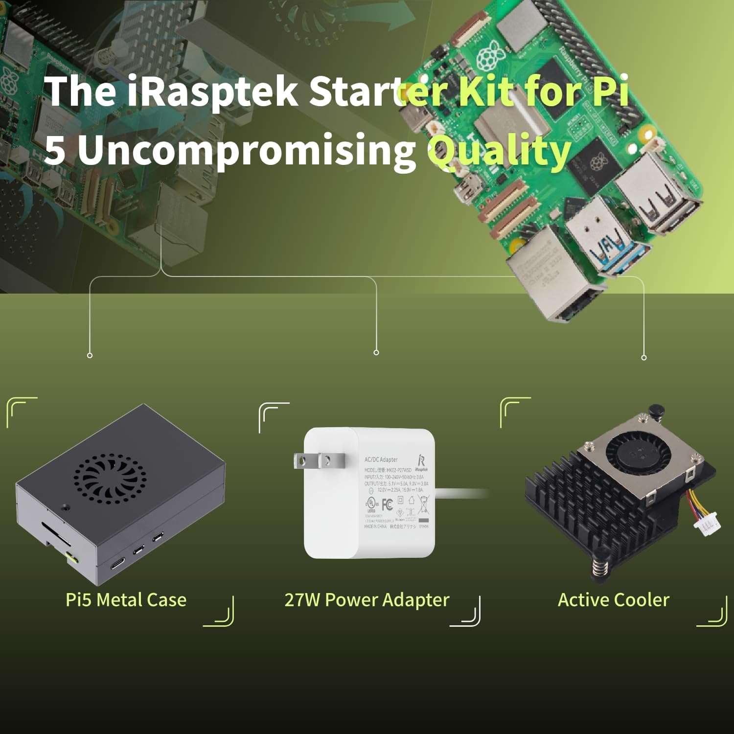 iRasptek Basic Starter Kit for Raspberry Pi 5 4GB RAM- Includes 4GB Board, 27W PD Power Supply, Pi5 Metal Case and Active Cooler