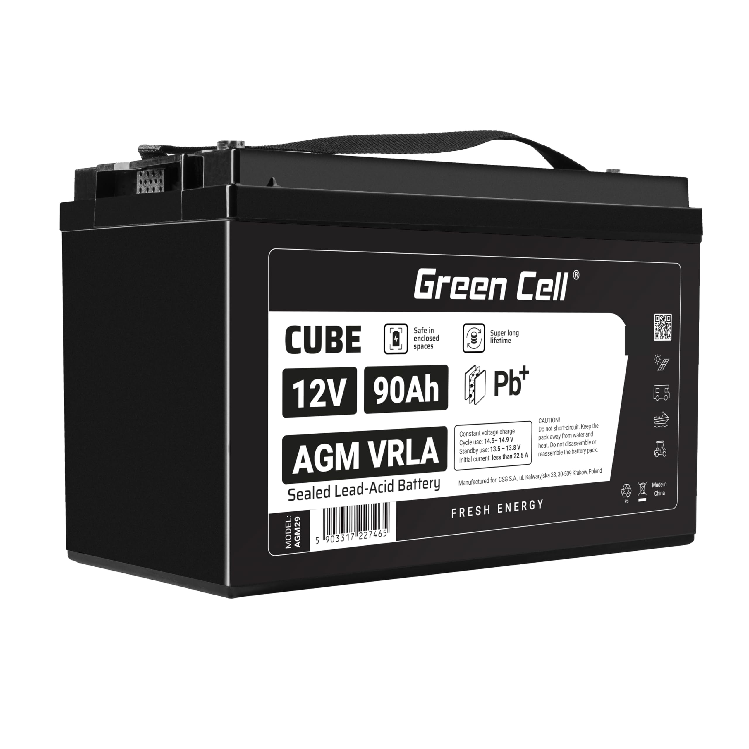 GreenCell® Batteria AGM 12V 90Ah al piombo accumulatore sigillata VRLA Senza manutezione ricaricabile Batterie di ricambio ermetica | Fotovoltaico | Barca | Sedia a rotelle | Solare | Camper | RV