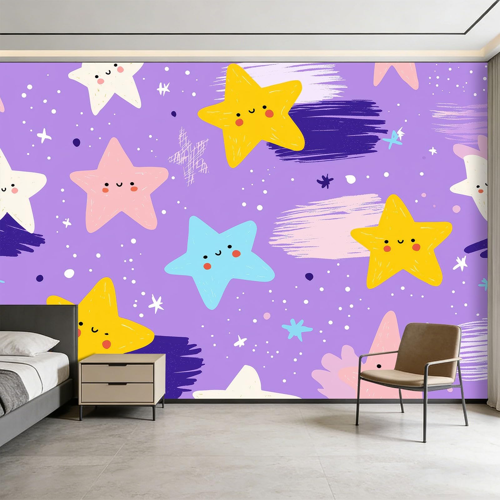 Tapeta w gwiazdki kropki kreskówka 500 x 280 cm panoramiczny gobelin ścienny, ręcznie rysowana tapeta z włókniny do salonu dekoracja ścienna do pokoju dziecięcego