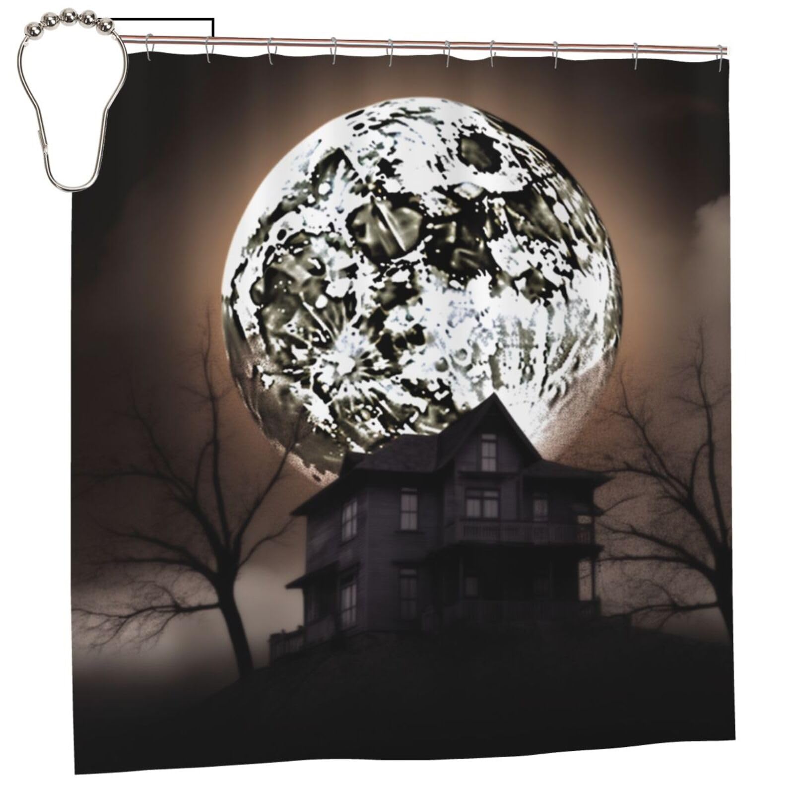BWWHCCTI Halloween Moon Printed Shower Curtain With 12 Iron Hooks Opaque Quick Drying Waterproof Shower Curtains Sets For Bathroom 183x183 CM