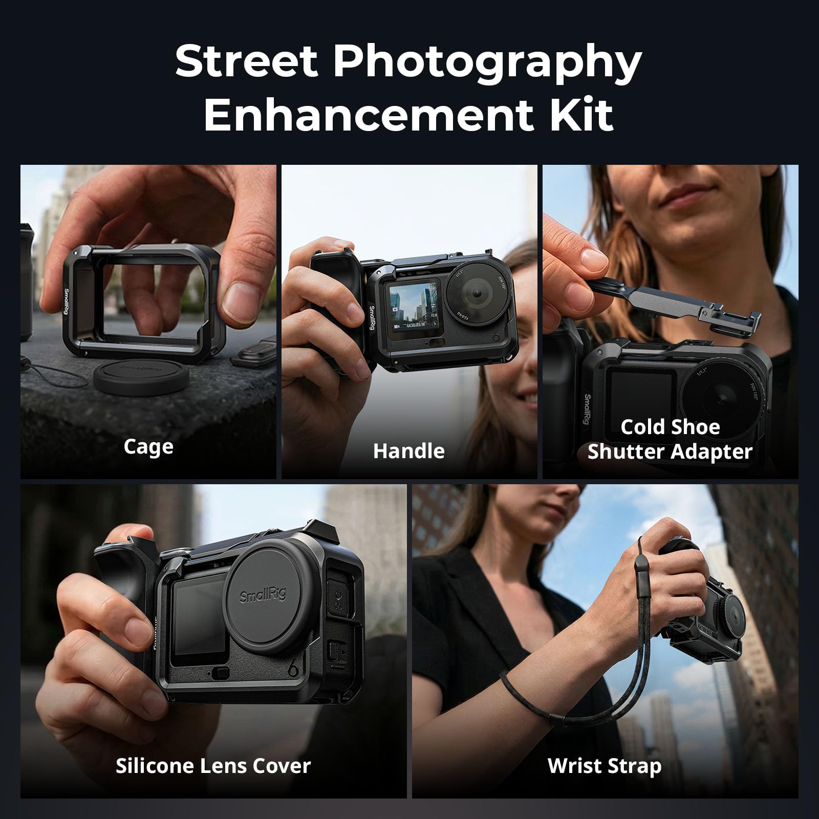 SMALLRIG Griff-Kit für DJI Osmo Action 6 mit Metallkäfig, Street Photography Griff, Auslöser, Kaltschuh, Handgelenkband, Objektivabdeckung, 1/4 Gewindeloch