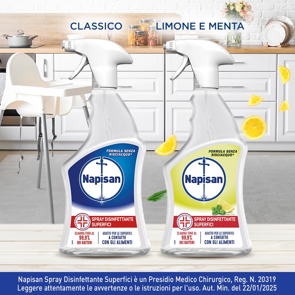 Napisan Spray Disinfettante Multisuperfici Limone e Menta, Confezione da 12x740 ml di Disinfettante Spray, Spray da 740 ml