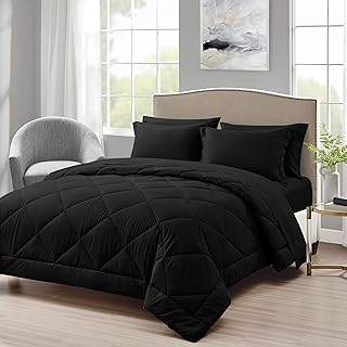 Love's cabin Queen Comforter Set Black, 7 Pieces Queen Bed in a Bag, All Season Queen Bedding Sets with 1 Comforter, 1 Flat Sheet, 1 Fitted Sheet, 2 Pillowcase and 2 Pillow Sham
