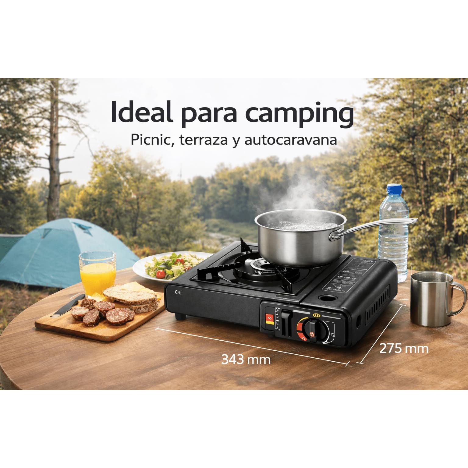 Cocina de gas portátil de 1 fuego con maletín, hornillo camping gas dual para cartucho 227 g o botella externa, encendido piezoeléctrico, potencia regulable, cocina compacta para camping