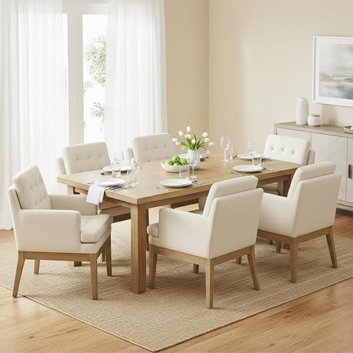 Miniatura 16 de Juego de 4 sillas de comedor color beige, sillas de comedor modernas de mediados de siglo con brazos, sillas de cocina tapizadas estilo casa de Lino