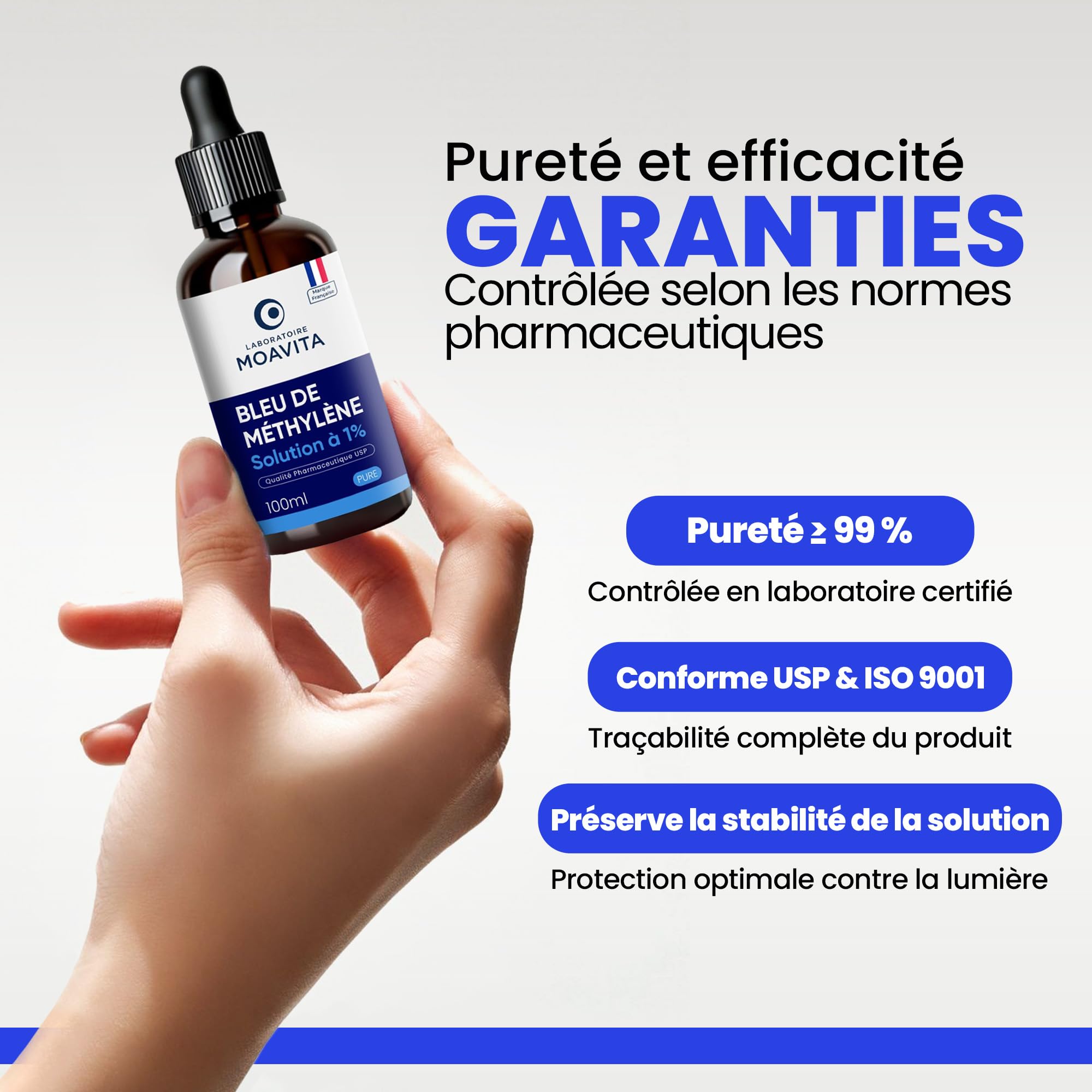 Bleu de Méthylène 1% – Lot de 2 x 100ml (200ml) - Solution Pure | Ultra Haute Pureté USP ≥99% | Fabriqué et Testé en Allemagne | Flacon Verre Ambré avec Pipette