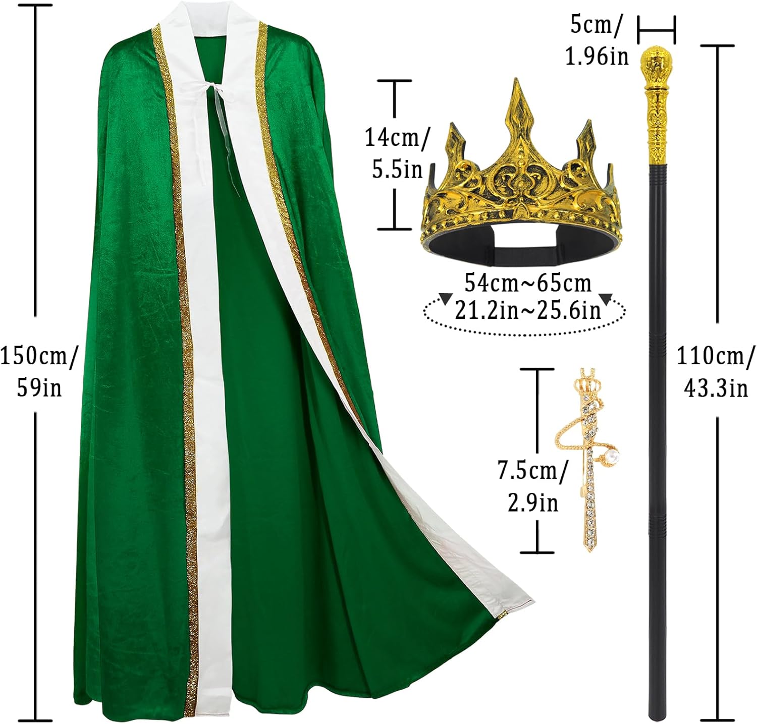 CosInStyle 3 Pieces Halloween King Prince or Queen Robe Red Cloak Cape Crown Wand Costume Set with King Crown Headband