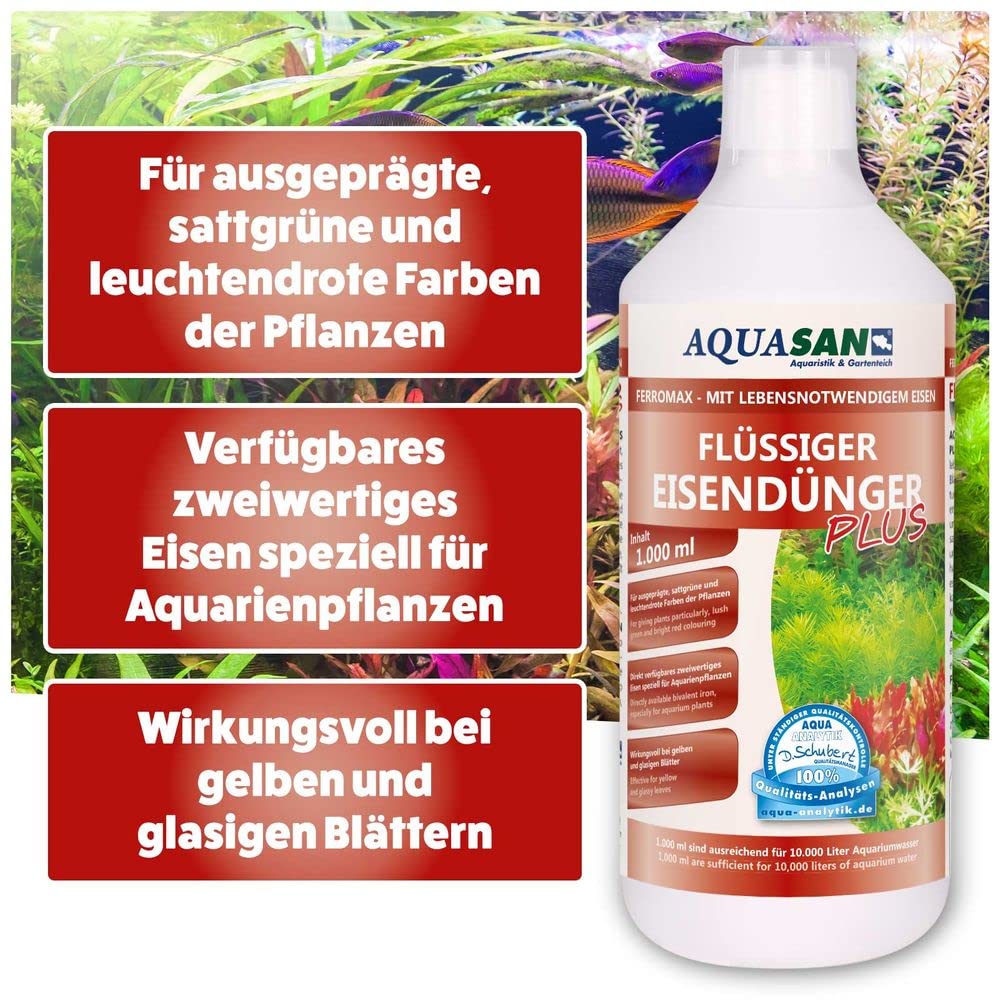 AQUASAN Aquarium FerroMax Flüssiger Eisendünger Plus (Versorgt Aquarium Pflanzen mit dem Nährstoff Eisen für sattgrüne, leuchtendrote Farben), Inhalt:5 Liter