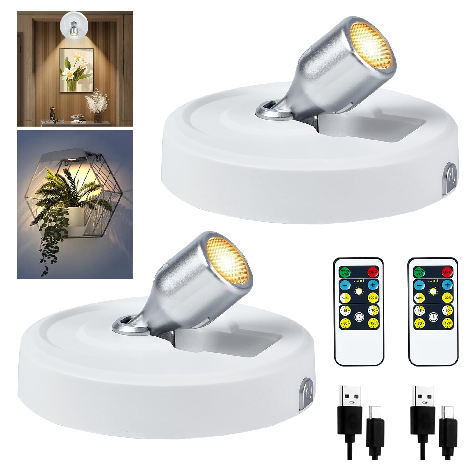 RAHAN 2Pack Rechargable Spotlight, Picture Light with Remote Dimmable & Timer, Plants Uplighting Picture Lights for Paintings, Small LED Spot Display Lights for Wall Frame Artwork Dartboard