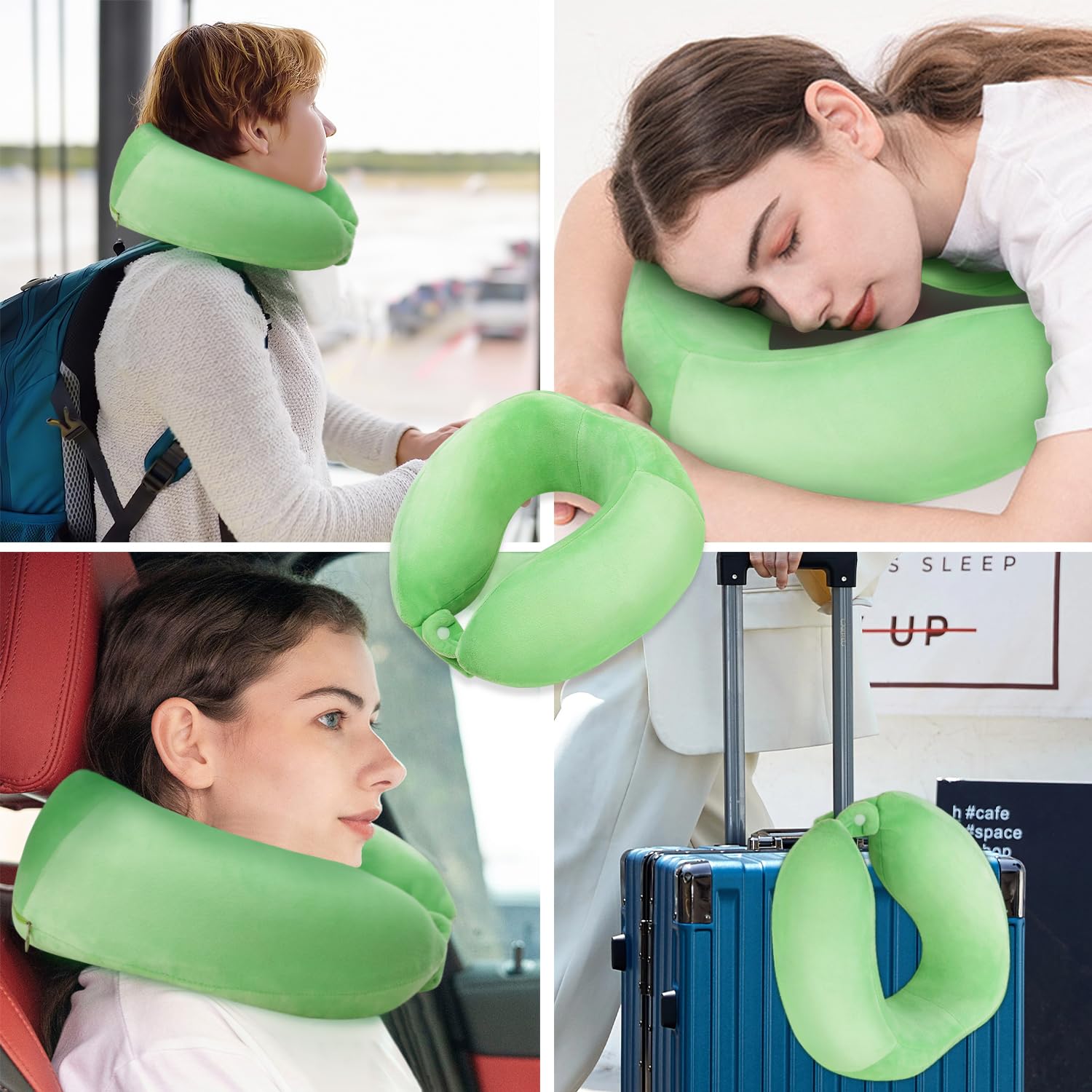 Oreiller de Voyage pour Dormir en Mousse à mémoire de Forme - Léger et Respirant - Soutien de la tête et du Menton - Parfait pour Le Camping, Le Train, la Voiture, Le Bureau - Vert