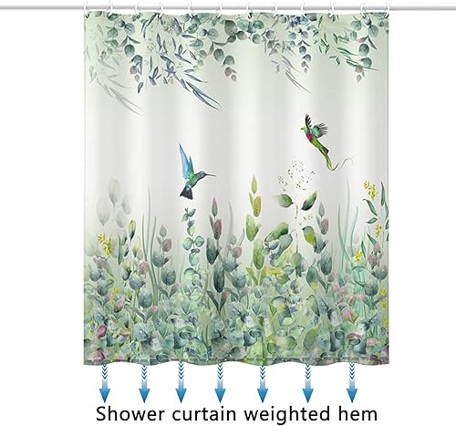 Miniatura 3 de Cortina de ducha con hojas verdes, diseño de pájaro esmeralda, verde menta, 72 pulgadas de ancho x 72 pulgadas de largo, con 12 ganchos, cortina de