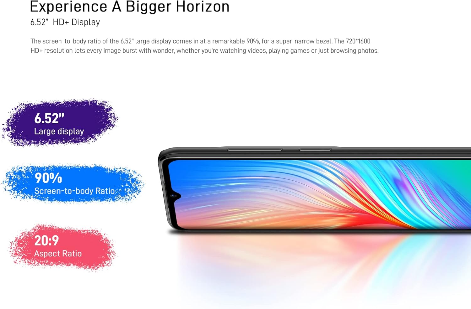 DOOGEE X98 Pro's 6.52 inch HD+ display with a 90% screen-to-body ratio and 20:9 aspect ratio.