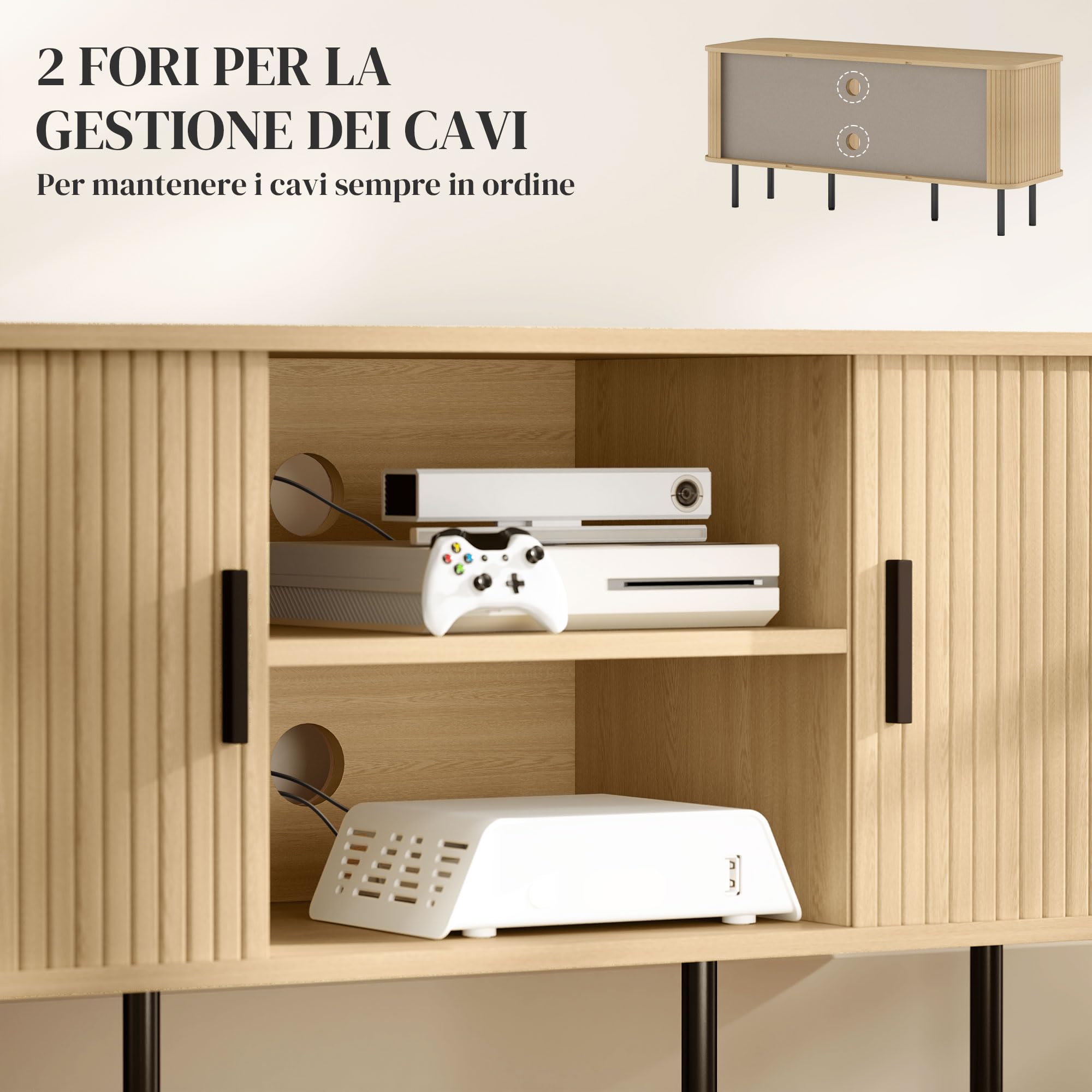 HOMCOM Mobile TV 55" con 2 Armadietti, 2 Ripiani e 2 Fori Passacavi, Mobiletto Porta TV in Legno e Acciaio, per Soggiorno e Camera da Letto, 120x40x55 cm, Rovere e Nero