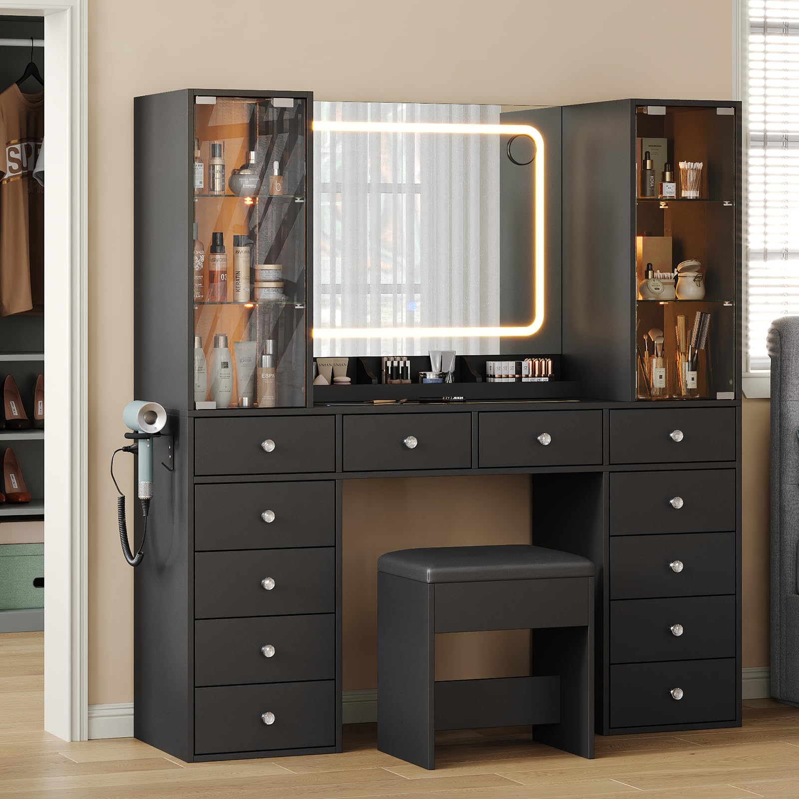 Yanosaku Vanity with 12 Drawers & 2 RBG Lights Cabinets, Makeup Vanity with Mirror and Lights, Vanity Desk with Power Outlet, Tempered Glass Top, Ample Storage, Makeup Vanity Desk for Bedroom, Black (INCOMPLETE ONLY BOX A) 