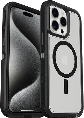 Miniatura 5 de OtterBox Funda transparente para iPhone 15 Pro MAX (solamente) Defender Series XT, lado oscuro (negrotransparente), sin pantalla, resistente, se