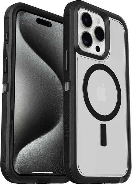 OtterBox iPhone 15 Pro MAX (Only) Defender Series XT Clear Case - DARK SIDE (Black/Clear), screenless, rugged , snaps to MagSafe, lanyard attachment (ships in polybag, ideal for business customers)