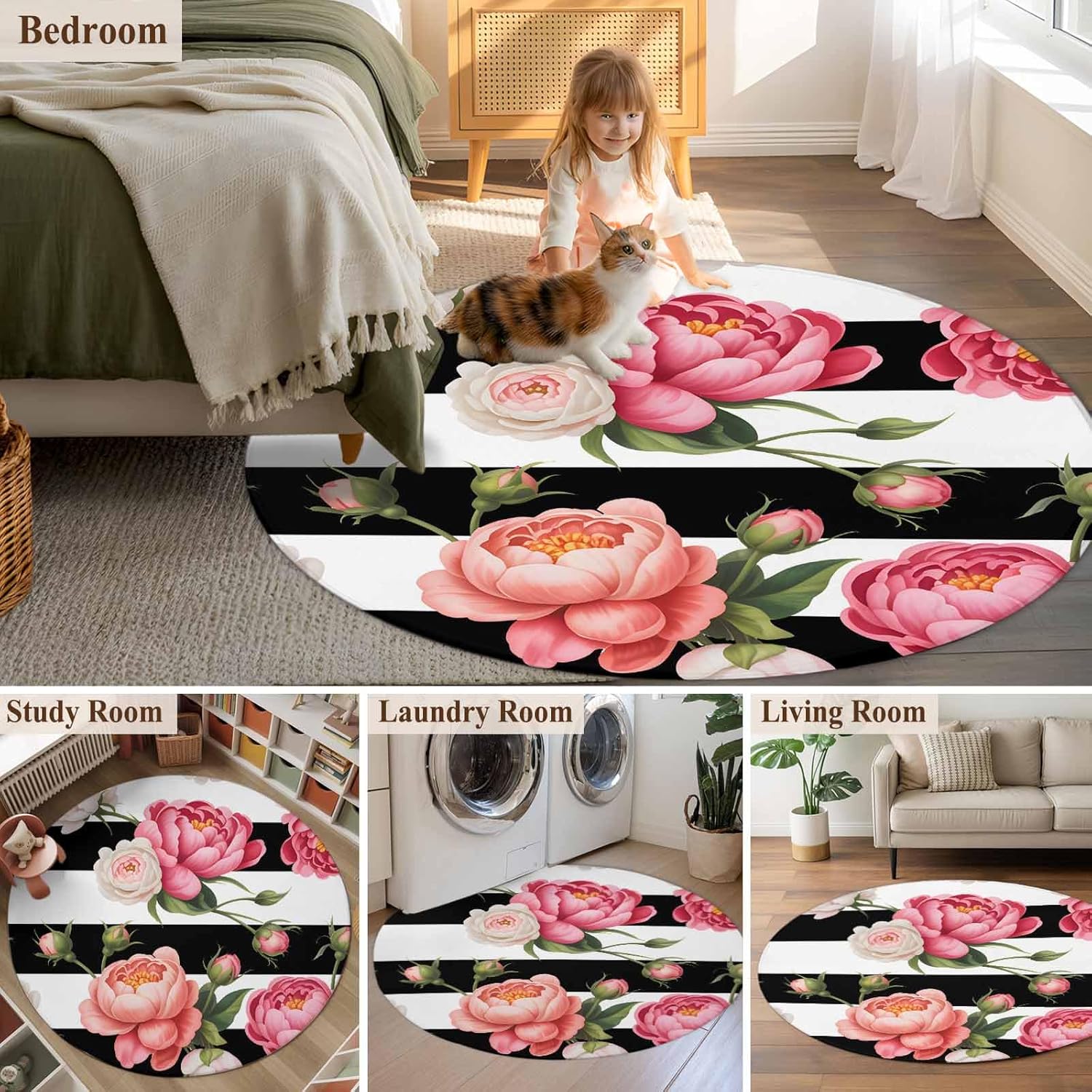 Pink Flower Round Rug 3ft Washable Circle Entryway Rugs Non Slip Black White Stripesvintage Floral Area Rug Indoor Floor Carpet for Bedroom Kitchen Living Room Home Office Dining Room Nursery