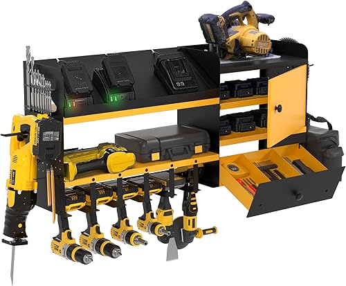 GDLF Organizador de herramientas eléctricas de alta resistencia con estación de carga, organizador de garaje de montaje en pared extragrande con