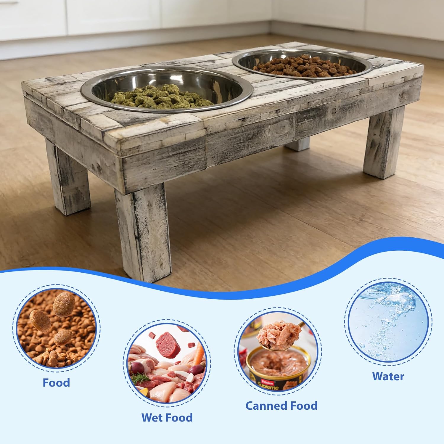 Huntley Equestrian Pet Berjen Table Elevated Double Bowl Feeder, White Wash (Large)