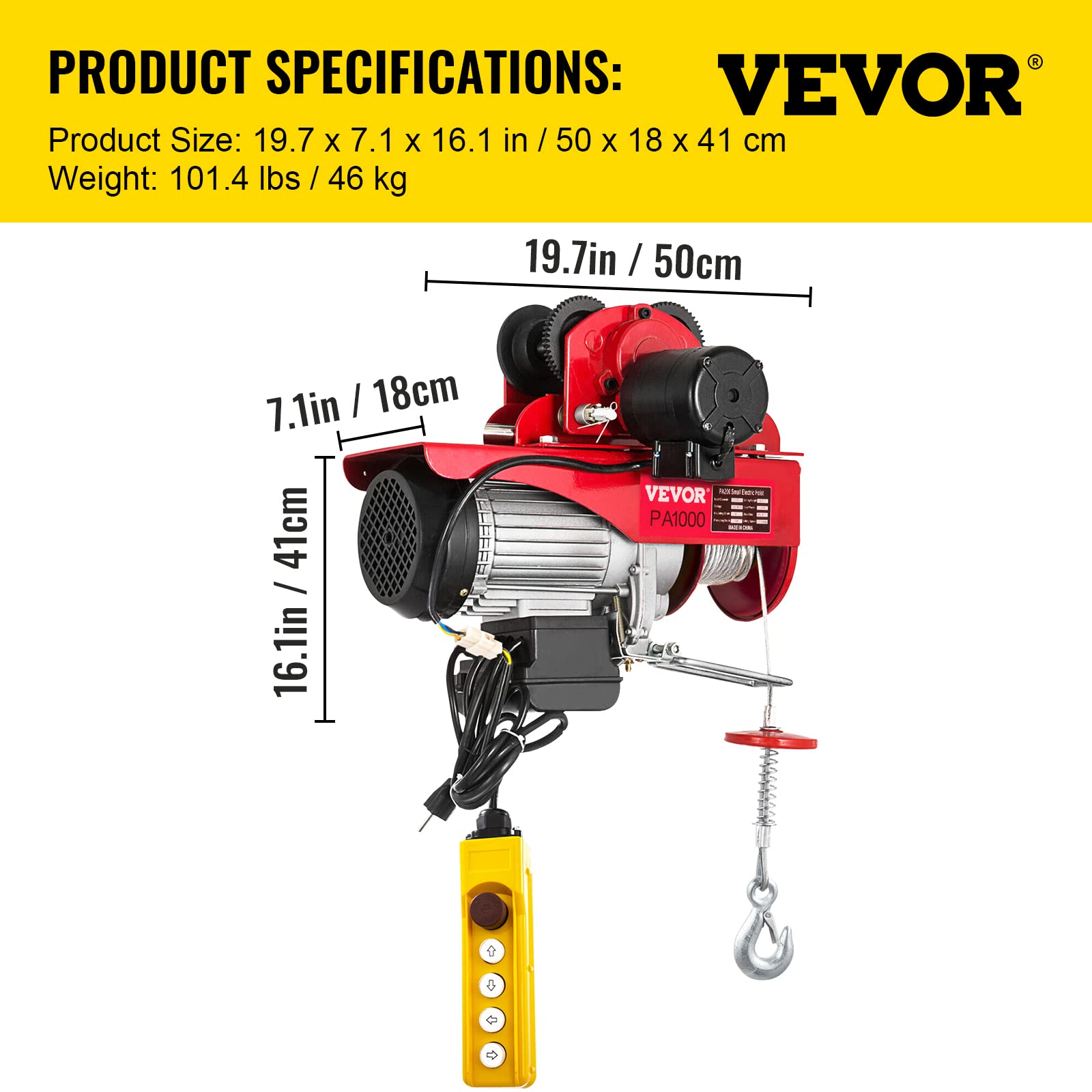 VEVOR Sollevamento Paranco Elettrico a Fune con Carrello 1000kg 220V, Paranco Elettrico Colore Rosso Altezza di Elevazione 3 m / 10 Piedi