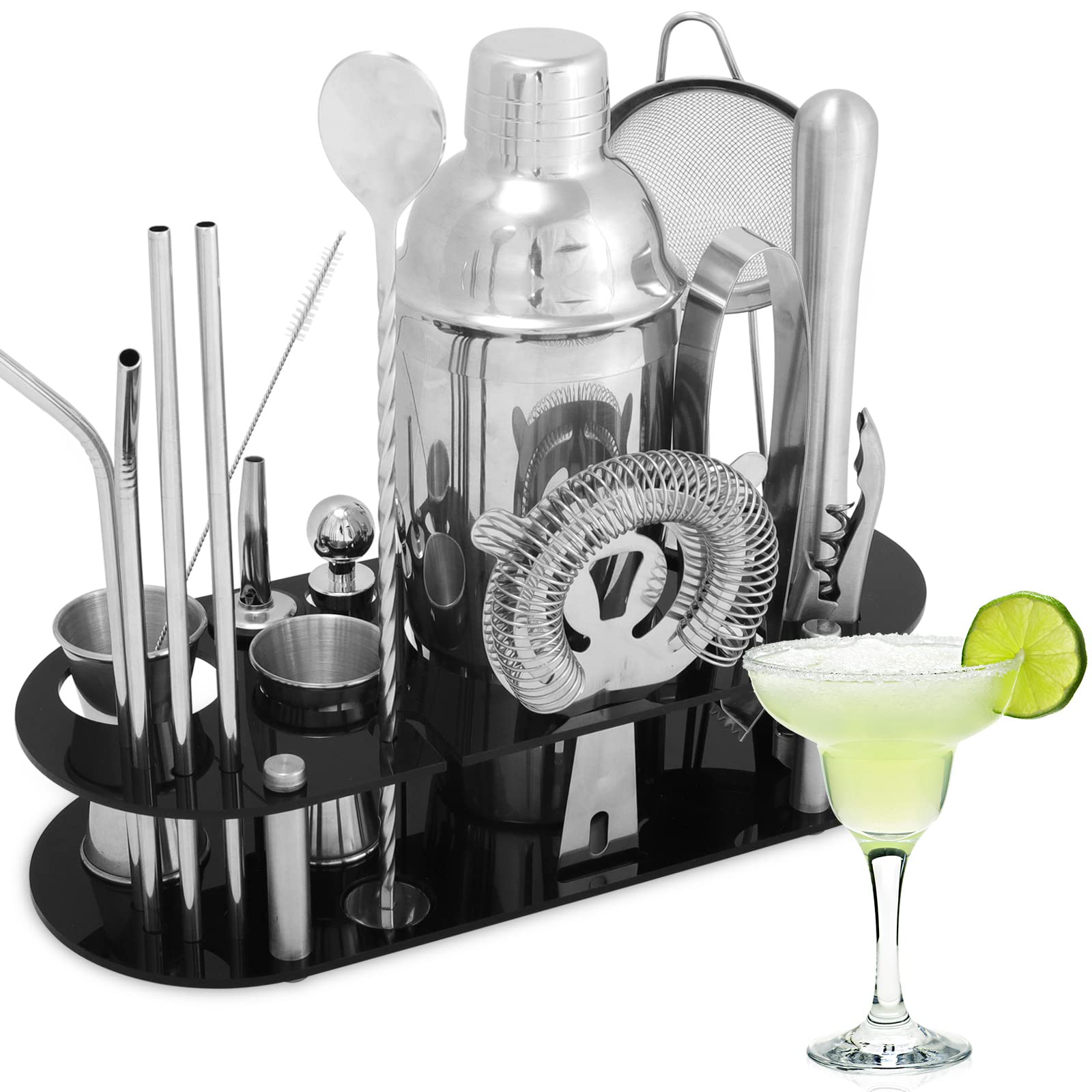 ele ELEOPTION Stainless Steel Cocktail Shaker Set 23 Pieces Bartender Kit with Acrylic Stand Professional Bar Tools for Drink Mixing, Home, Bar, Party