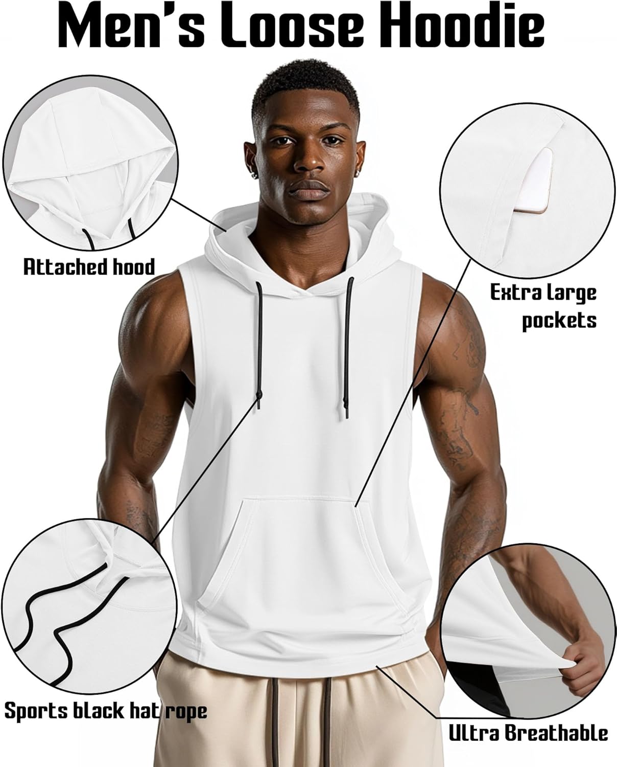August Alley 3 Pack Men's Hooded Tank Tops, Workout Sleeveless Gym Hoodie Muscle Bodybuilding Running Cut Off Shirts