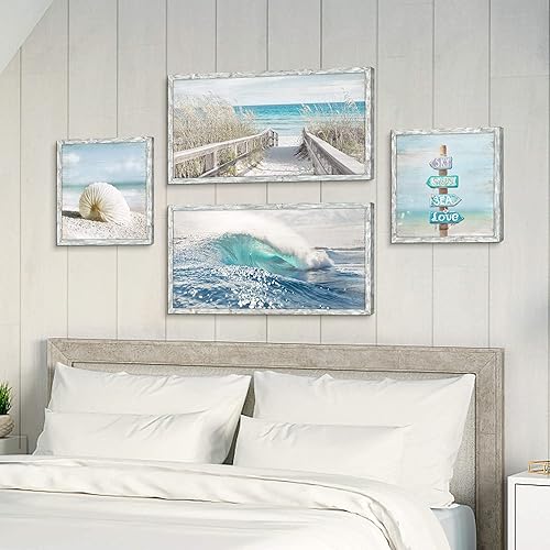 Miniatura 4 de Ocean Pictures - Obras de arte de madera enmarcadas, pintura de olas rodantes de paisaje marino, impresiones artísticas de pared multipanel para