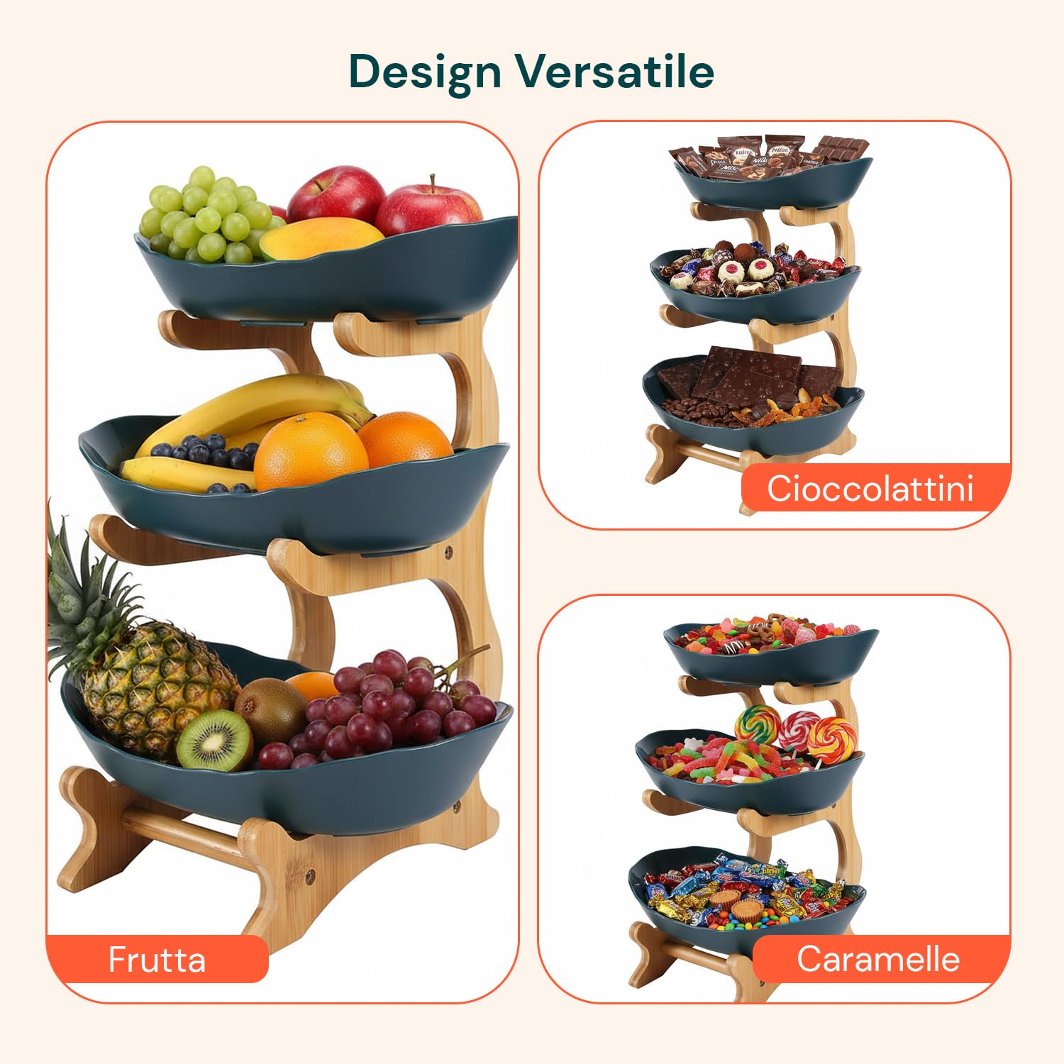 Avilia Portafrutta 3 Livelli in Bambù – Porta Frutta da Tavolo con 3 Cestelli, Fruttiera Multilivello Salvaspazio, Organizer Cucina per Frutta Snack e Pane, Centrotavola Moderno