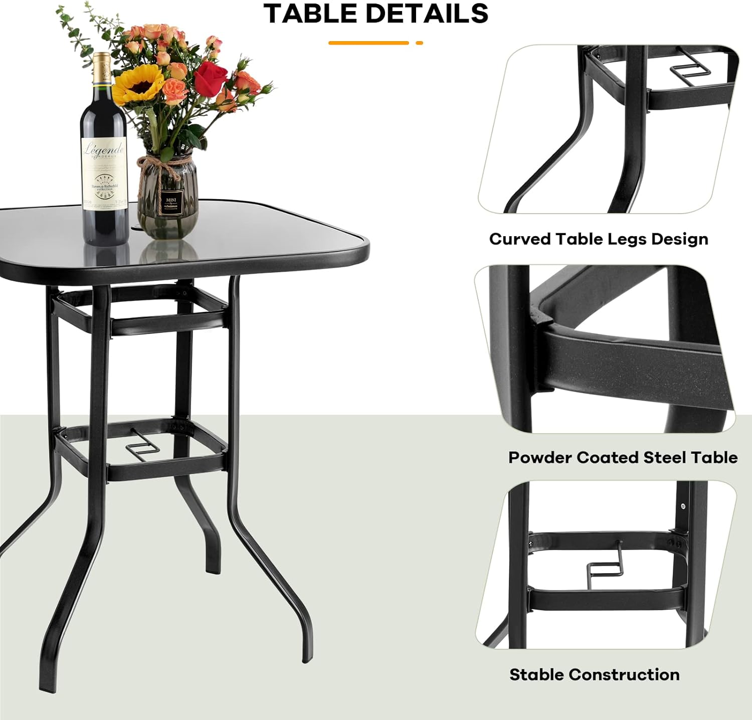 Aoxun Bar Height Patio Table - Outdoor Bar Table with Umbrella Hole, Metal Frame Tempered Glass Table High Top, 31.5" x 31.5" Bar Table Suitable for Bar Stool, Brown&Black : Everything Else
